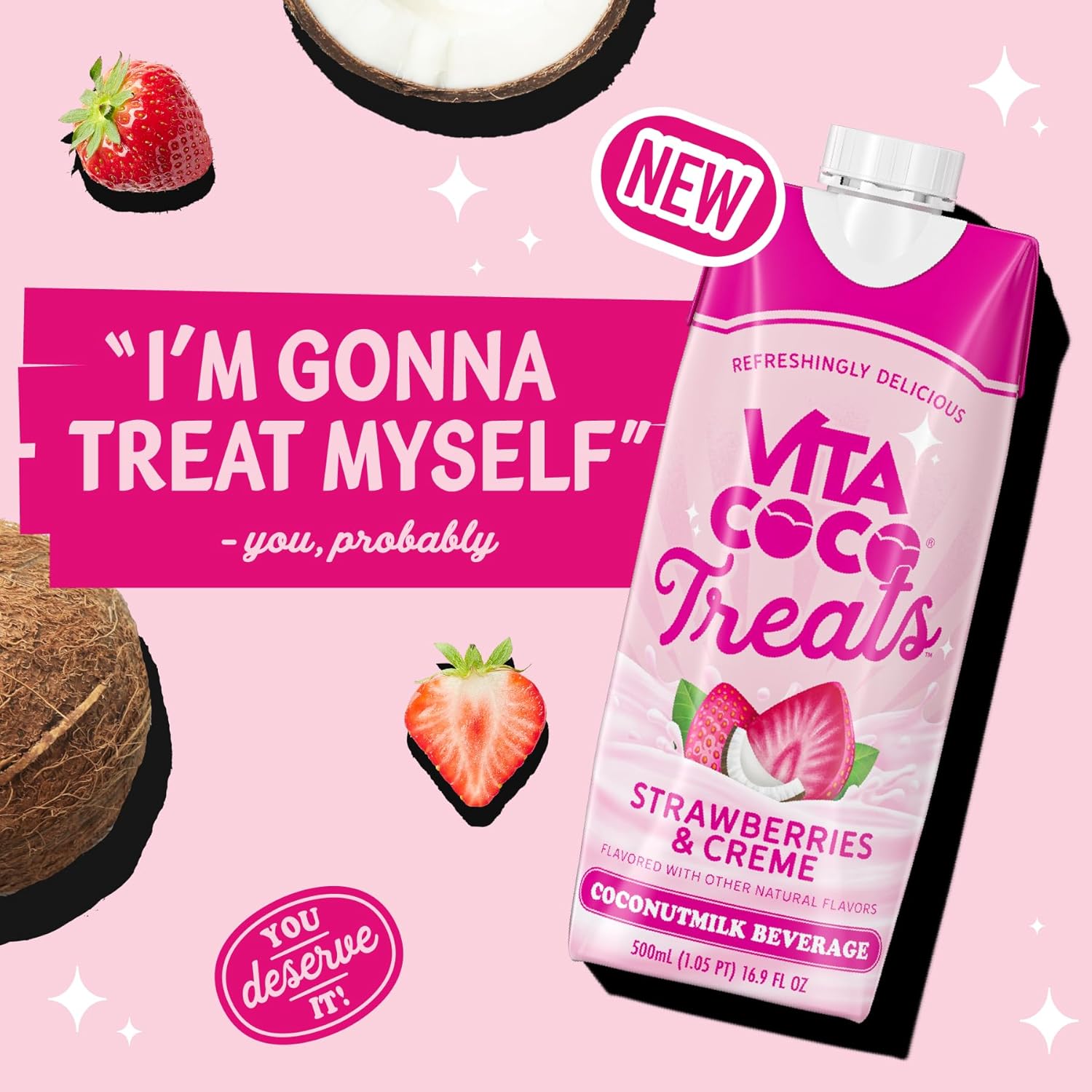 Vita Coco Treats Strawberries & Cream Coconut Milk Drink | Sweet, Creamy, Treat | Lower Sugar Pink Drink Alternative| 16.9 fl oz (Pack of 12)
