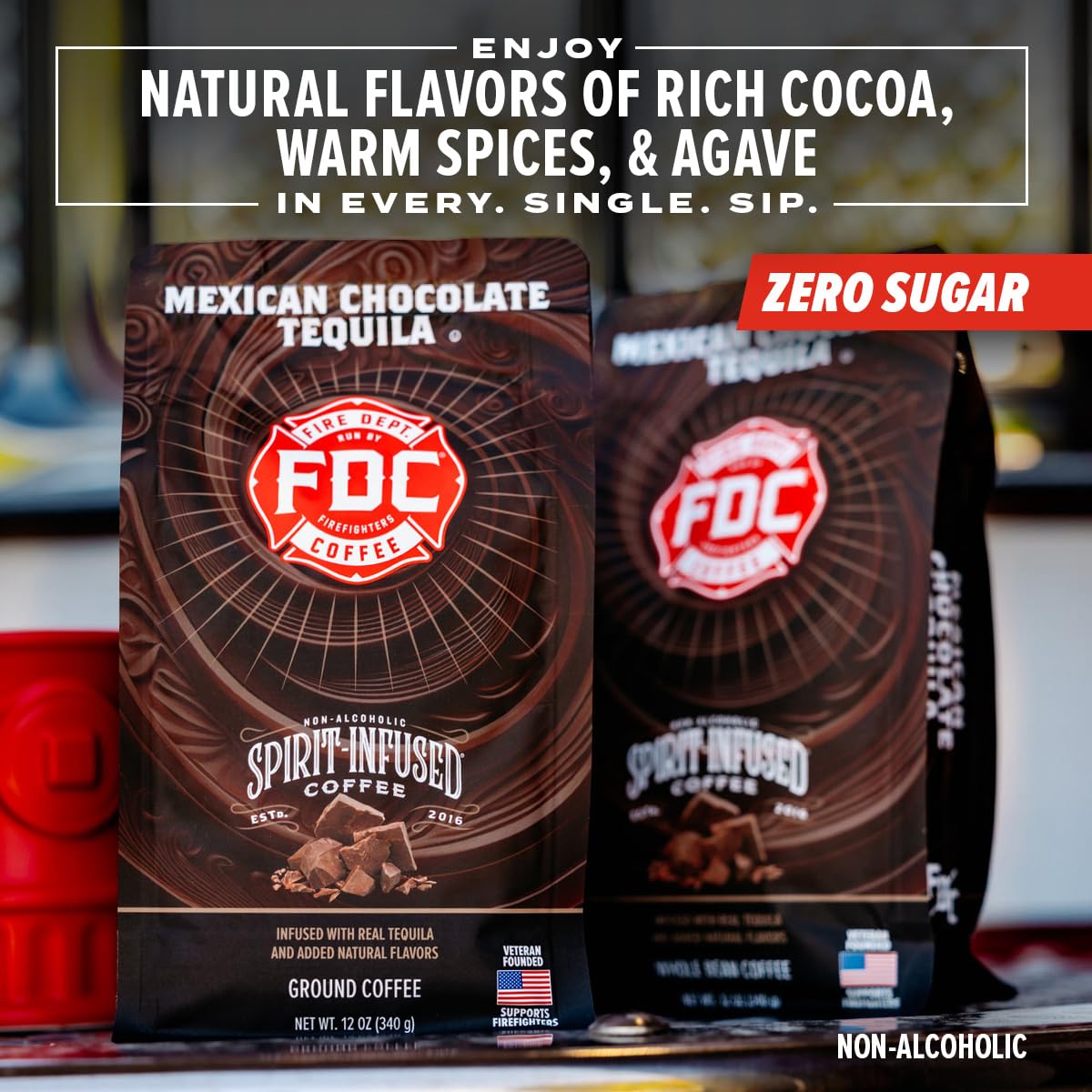 Fire Department Coffee - Gives Back to Firefighters - Mexican Chocolate Tequila Infused Whole Bean Coffee - Medium Roast - Non-Alcoholic - Roasted in the USA - Veteran Owned - 12 oz