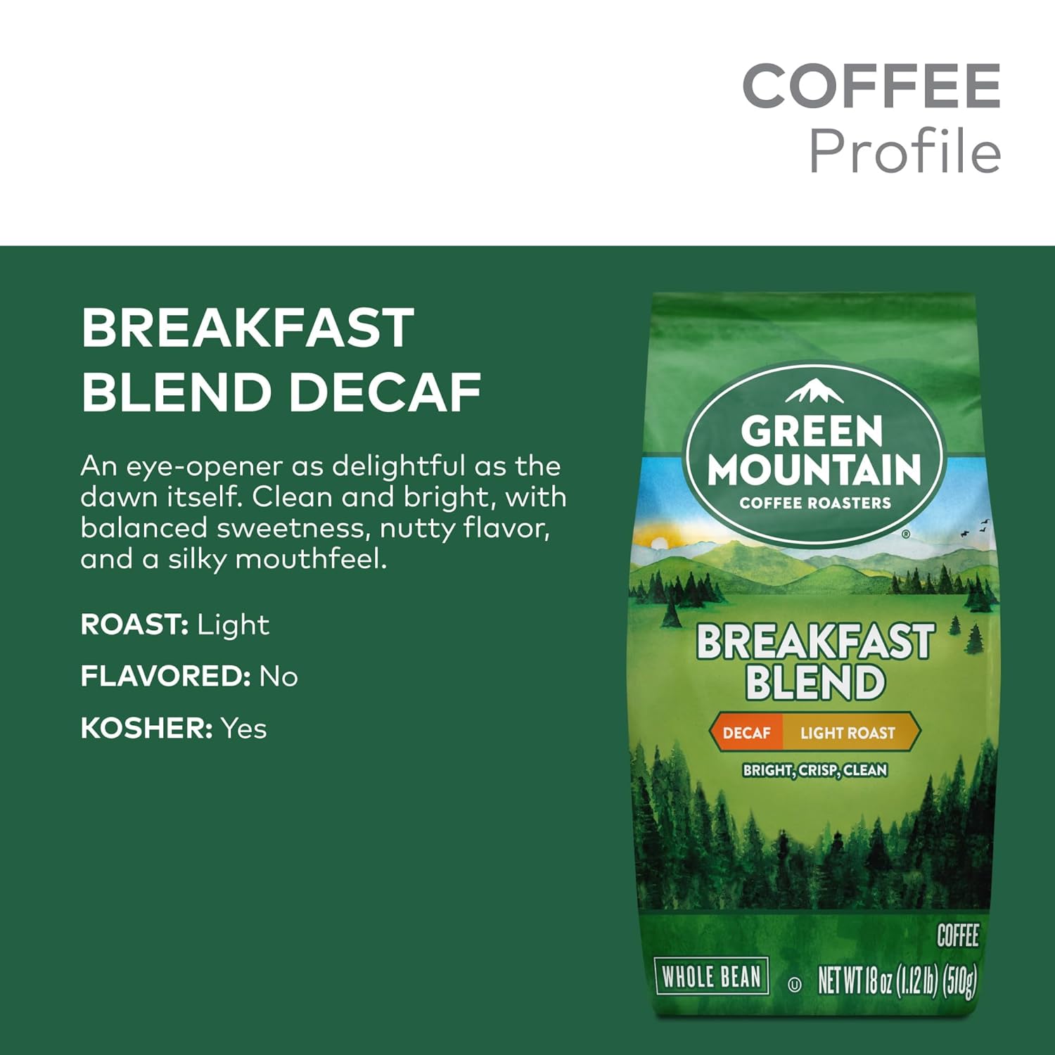Green Mountain Coffee Roasters Breakfast Blend Decaf, Whole Bean Coffee, Bagged 18 oz