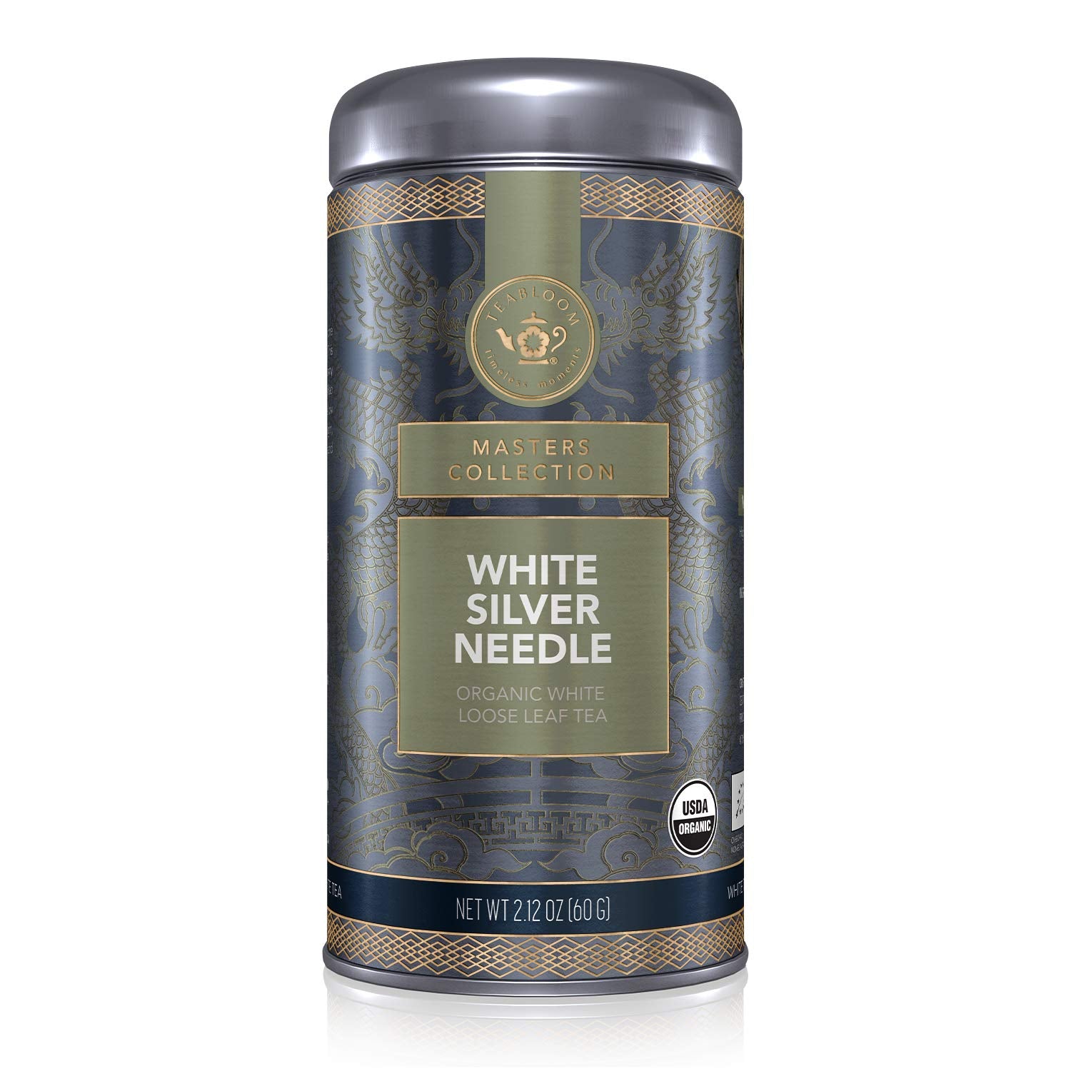 Teabloom Organic White Silver Needle Loose Leaf Tea, Rare USDA Certified Organic & Kosher White Tea With Delicate Honeysuckle Notes, 2.12 oz/60 g Canister Makes 35-50 Cups