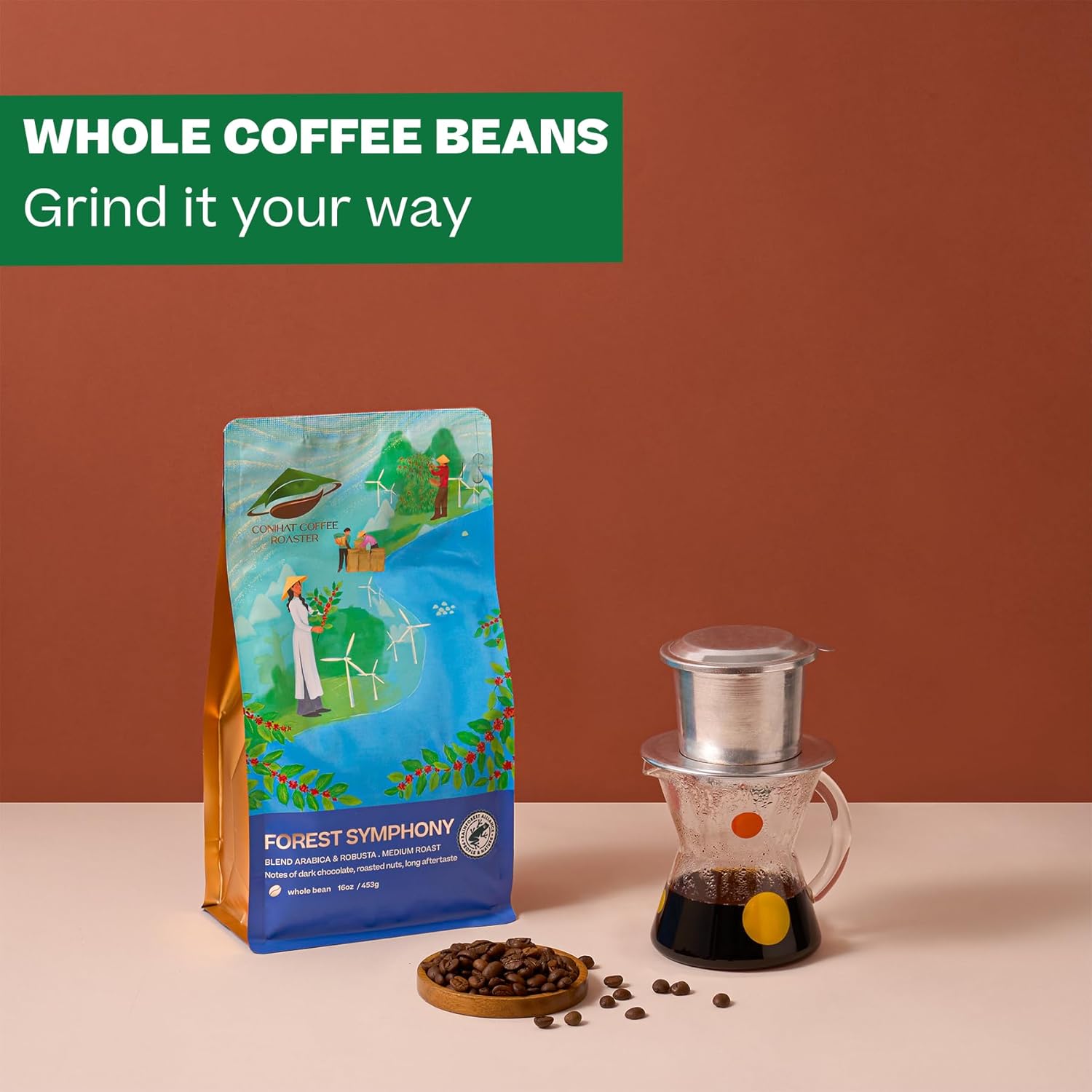 Conihat Coffee Vietnamese Premium Drip Bags Bundle with Blend Arabica & Robusta Whole Bean Coffee, Dark Roast, 16 Oz Bag, Single Origin, Rainforest Alliance