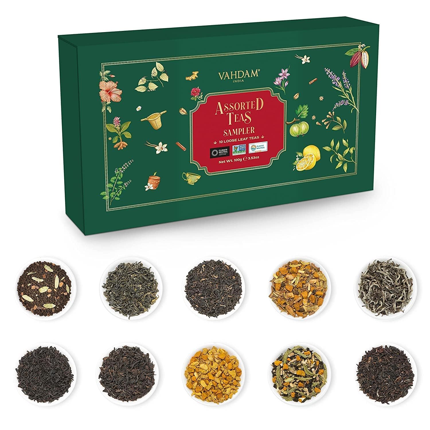 VAHDAM, Assorted Loose Leaf Tea Sampler (10 Teas) Non-GMO, Gluten Free | Whole Loose Leaf Tea Sampler | Tea Variety Pack | Tea Gift Set | Gifts for Women & Men