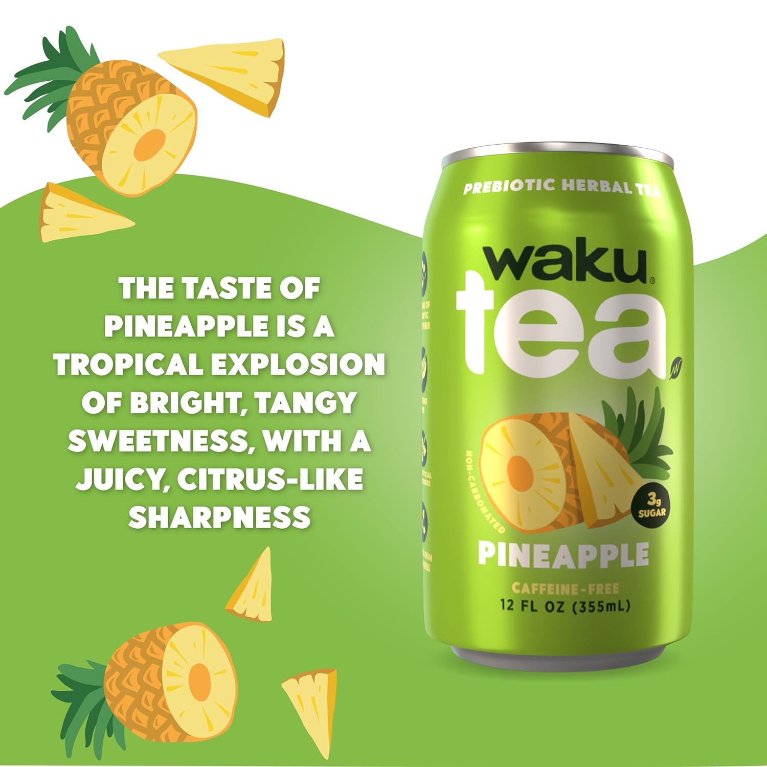 WAKU TEA, Prebiotic Herbal Tea, Pineapple, Supports Digestive & Gut Health, Keto Friendly, Zero Added Sugar, 5g Fiber, Caffeine Free, Natural Sweetner, 12 pack, 12oz Cans