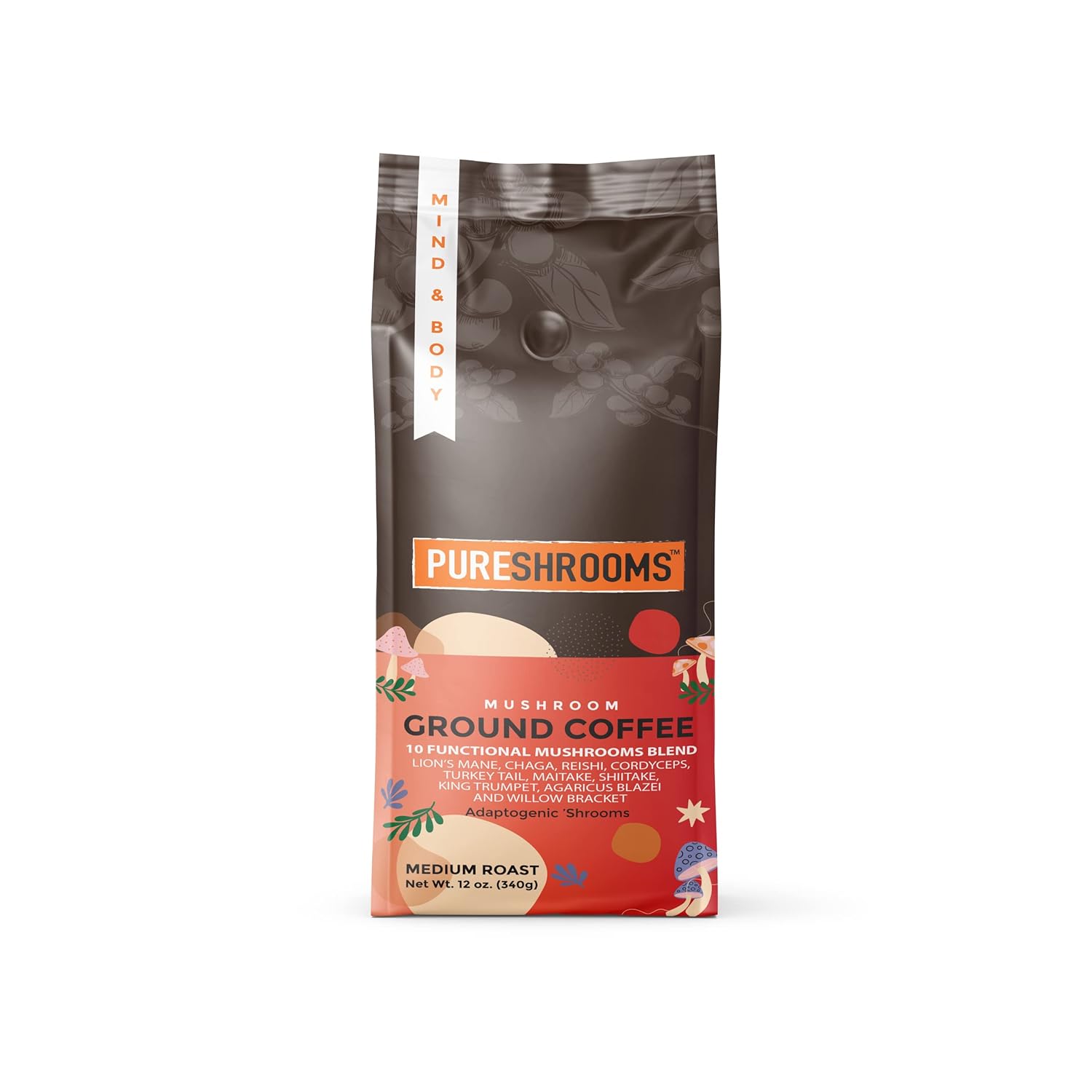 Mushroom Ground Coffee w/ 10 Organic Mushroom Extracts - King Trumpet, Agaricus Blazei, Willow Bracket, Lion's Mane, Chaga, Reishi, Cordyceps, Turkey Tail, Maitake, Shiitake 340g (Perfect 10)