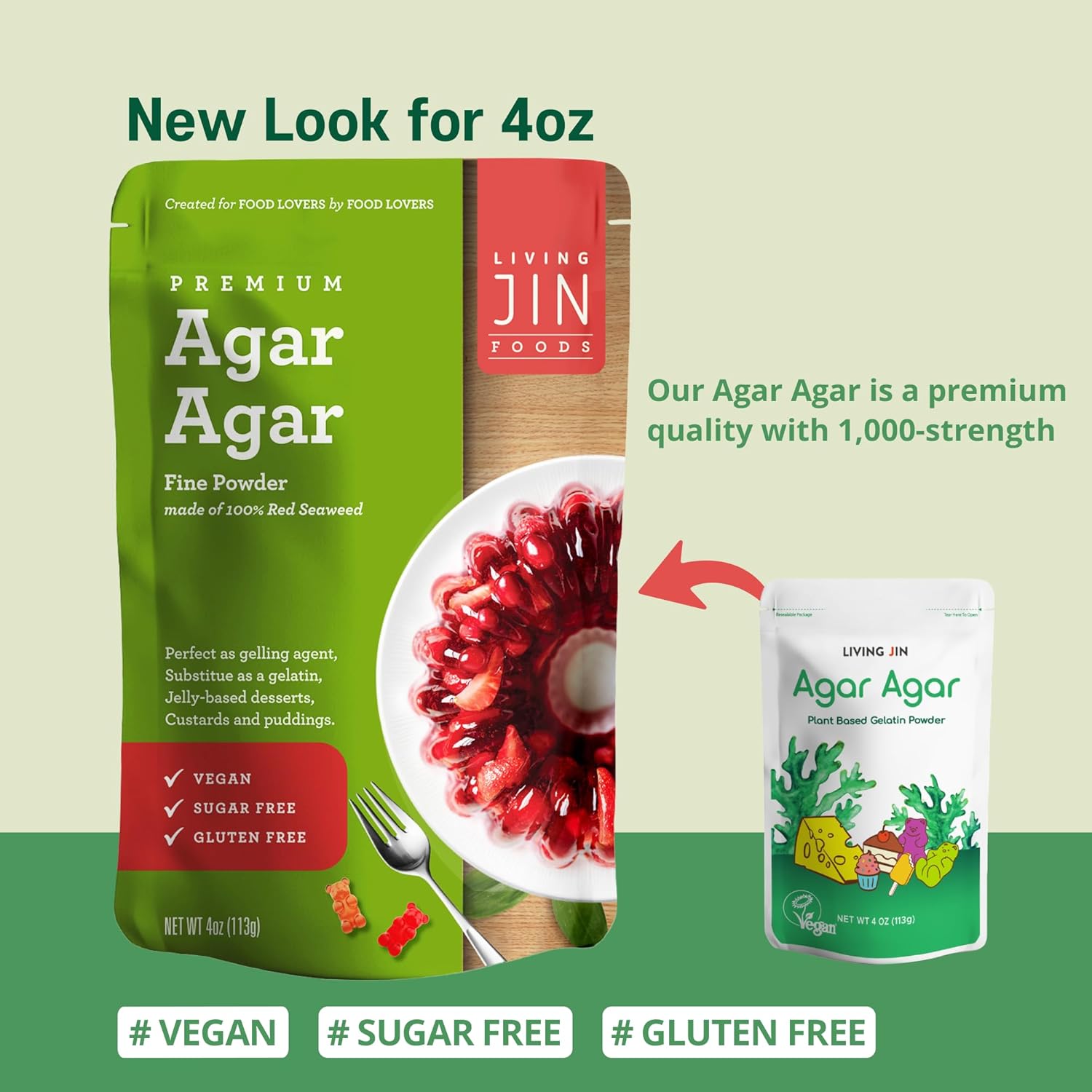 LIVING JIN Agar Agar Powder, 4 oz. Kosher, Plant-Based Gelatin Powder, Vegan Agar Agar, Vegan Jello, Sugar-Free, 100% Natural Red Algae