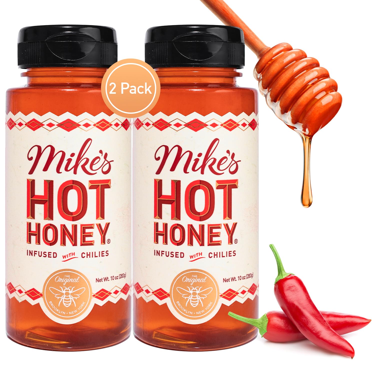 Mike's Hot Honey, America's #1 Brand of Hot Honey, Spicy Honey Infused with Chili Peppers, Certified Kosher, Gluten-Free, Paleo-Friendly, Sweet Heat, Perfect for Hot Sauce Lovers (10oz Bottle, 2 Pack)