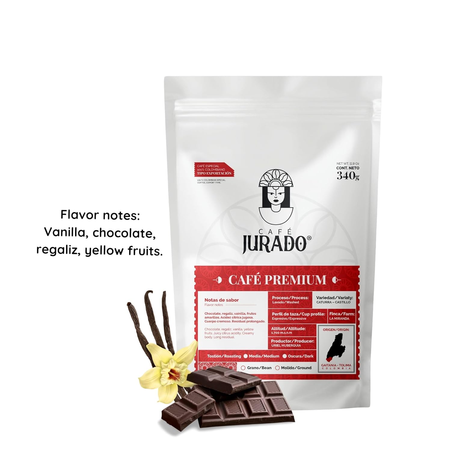 Cafe Jurado, Colombian Specialty Premium, Ground Coffee, Arabic Quality, Colombian Coffee, Extended Sweet Aroma, Chocolate Vanilla Notes, Medium Roasted - 11.9 Ounces