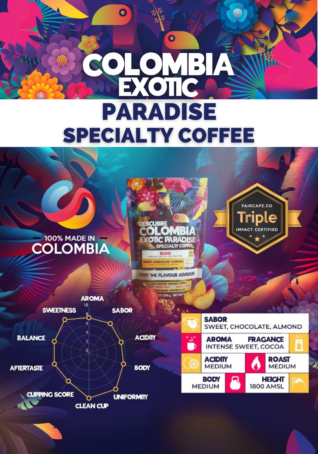 Colombia Exotic Paradise Specialty Coffee (Ground) 250 Gr. - Caf Especial Colombiano Tostado