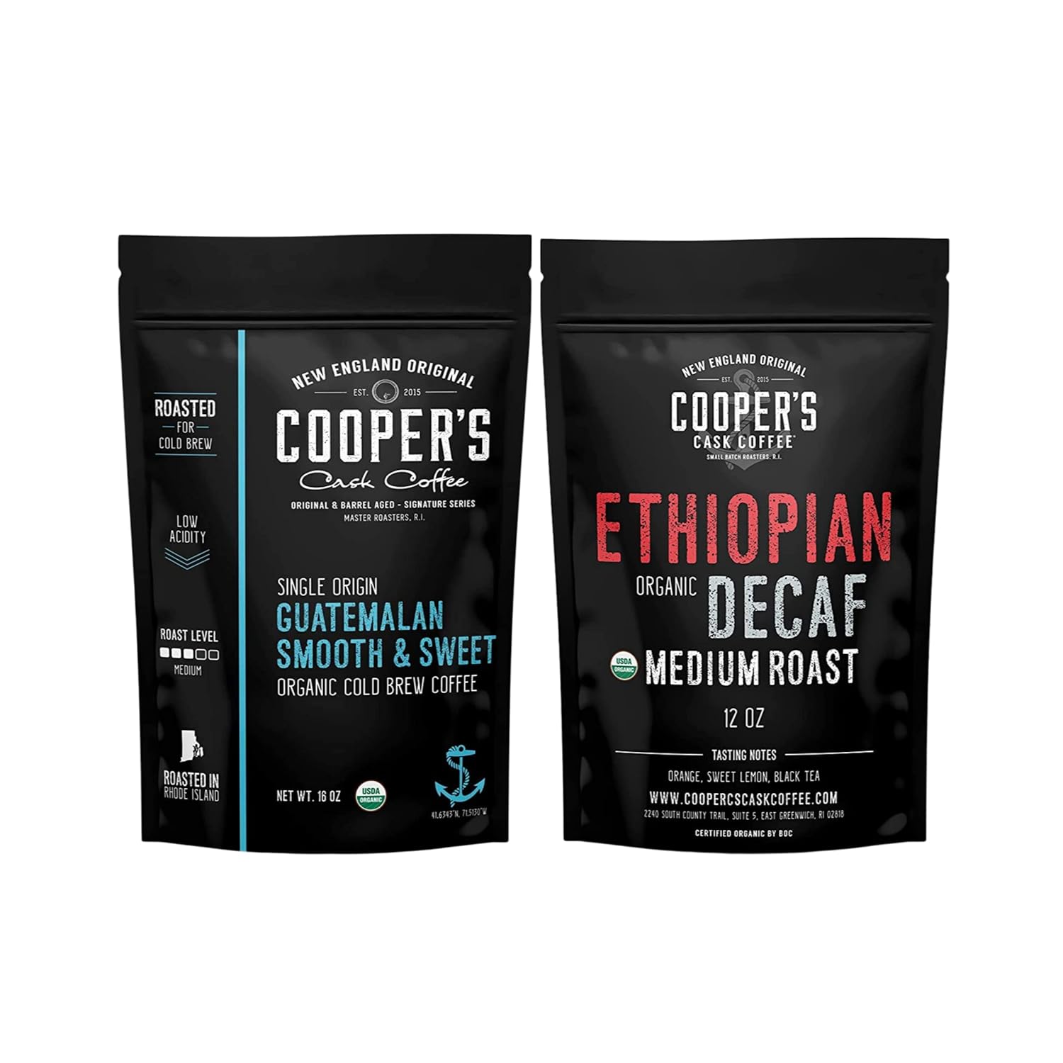 Organic Cold Brew Coffee - Guatemalan Coffee Beans - Ground, Medium Roast, 2lbs, and Organic Ethiopian Decaf Swiss Water Processed SWP, Ground Coffee, 12oz