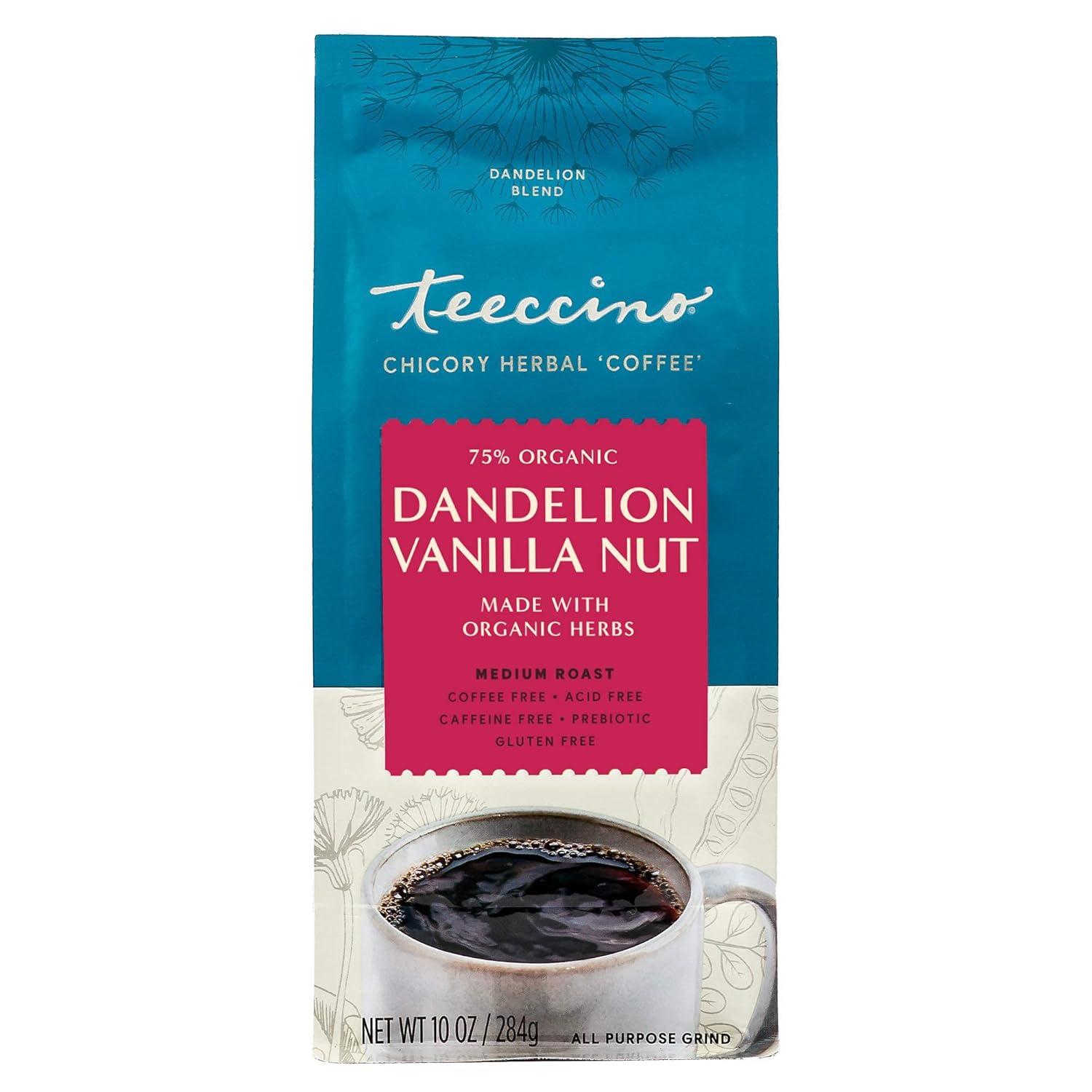 Teeccino Dandelion Vanilla Nut Herbal Coffee - Caffeine-Free Coffee Alternative with Prebiotics, Gluten Free, Acid Free - Medium Roast, 10 oz