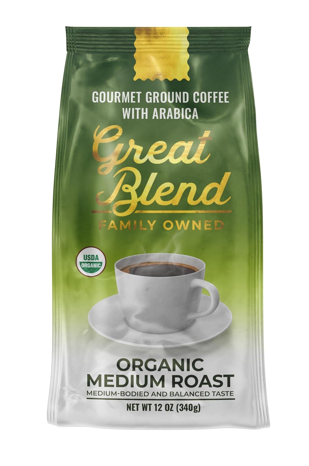 Great Blend Organic Medium Roast Gourmet Ground Coffee with Arabica, Non-GMO 100% Pure and Natural Coffee Certified Organic, Medium Bodied and Balanced Taste, 12 Ounce Bag
