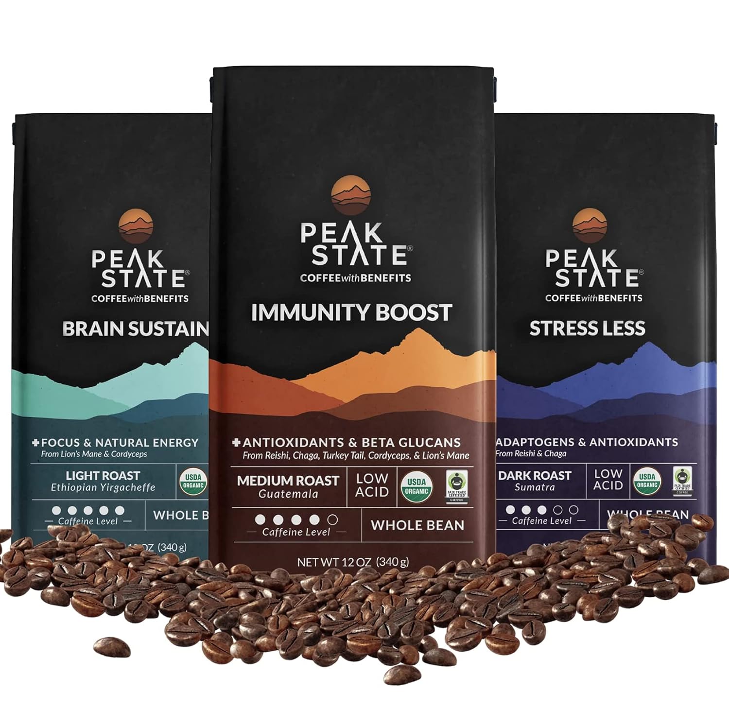 Peak State Coffee with Benefits, 3 Bag Variety Pack – Mushroom Coffee, Low Acid & Smooth, Immunity Boost, Brain Sustain & Stress Less, Organic Whole Bean Coffee, Gluten Free, 12 oz. Each