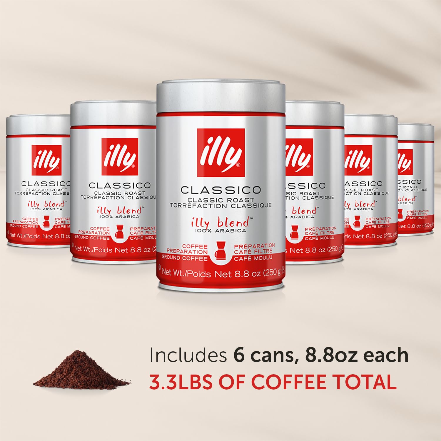 Illy Ground Drip Coffee - Classico Medium Roast - Mild & Balanced - 100% Arabica - Pre-Ground for Drip Pour Over - Pressurized Packaging Sealed for Freshness - 8.8oz (Pack of 6)
