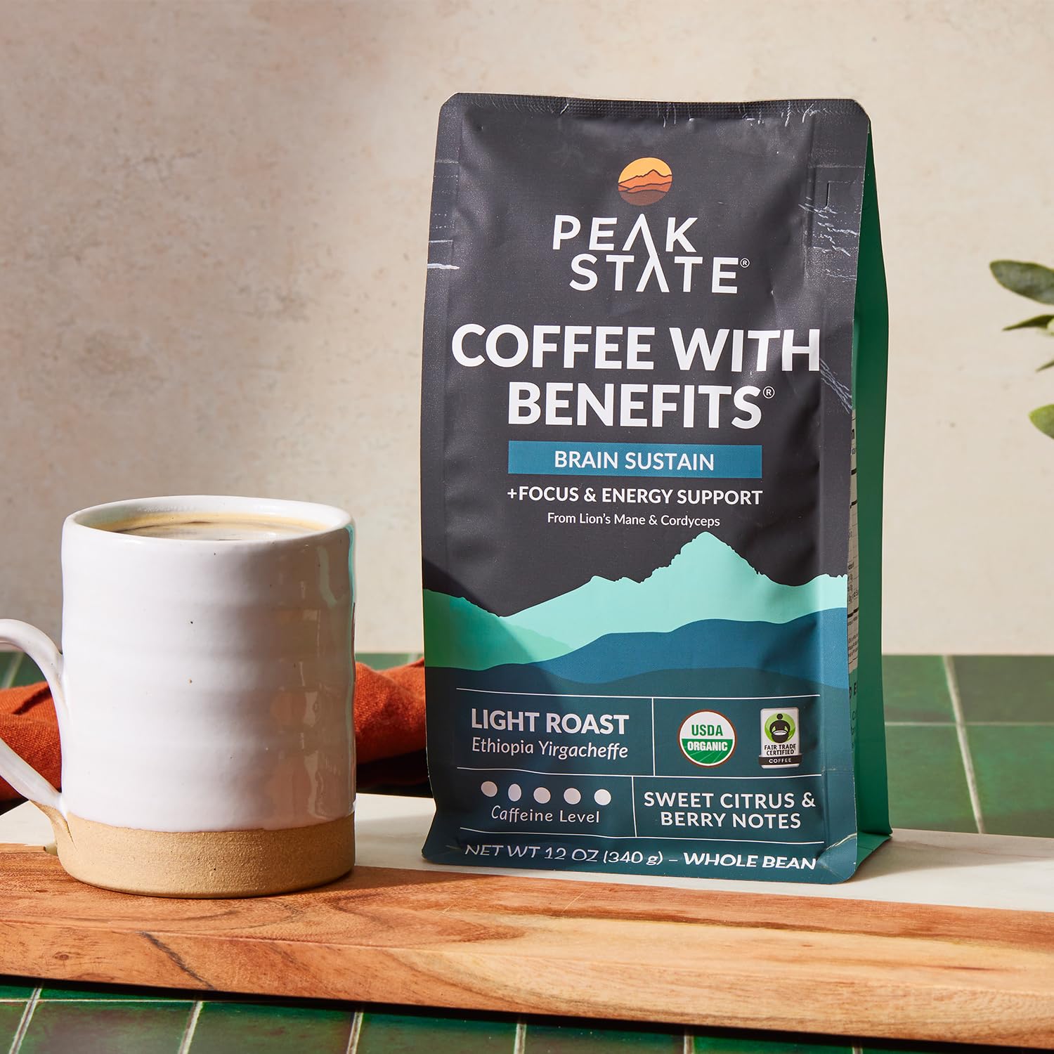 Peak State Coffee with Benefits, 3 Bag Variety Pack – Mushroom Coffee, Low Acid & Smooth, Immunity Boost, Brain Sustain & Stress Less, Organic Whole Bean Coffee, Gluten Free, 12 oz. Each