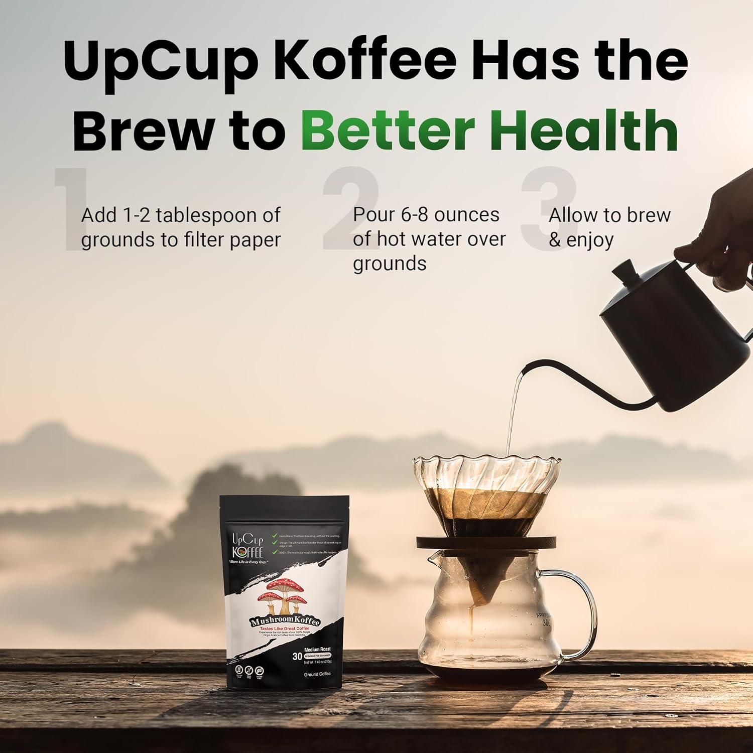 UpCup Koffee Functional Ground Mushroom Coffee - Includes Lions Mane, NAD+, & Himalayan Shilajit for Immune Support & Cognitive Boost - Made with Colombian Beans, Shilajit, & Lion's Mane Mushroom