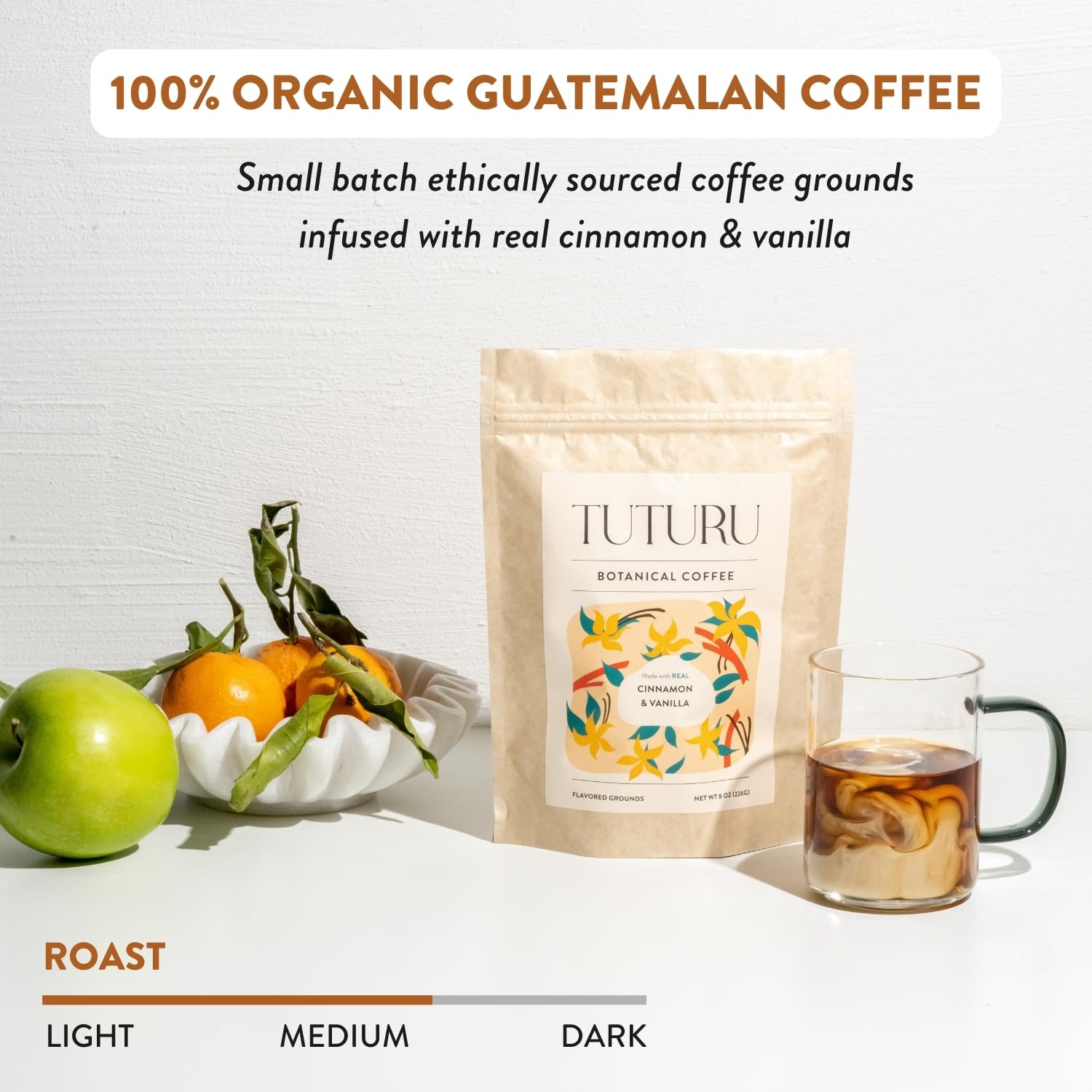 Cinnamon Vanilla Ground Coffee - Real Cinnamon & Vanilla - Medium Roast, Flavored Coffee - Smooth Low-Acid - Perfect for Drip, Pour Over or Cold Brew - 8 oz, 22 Servings