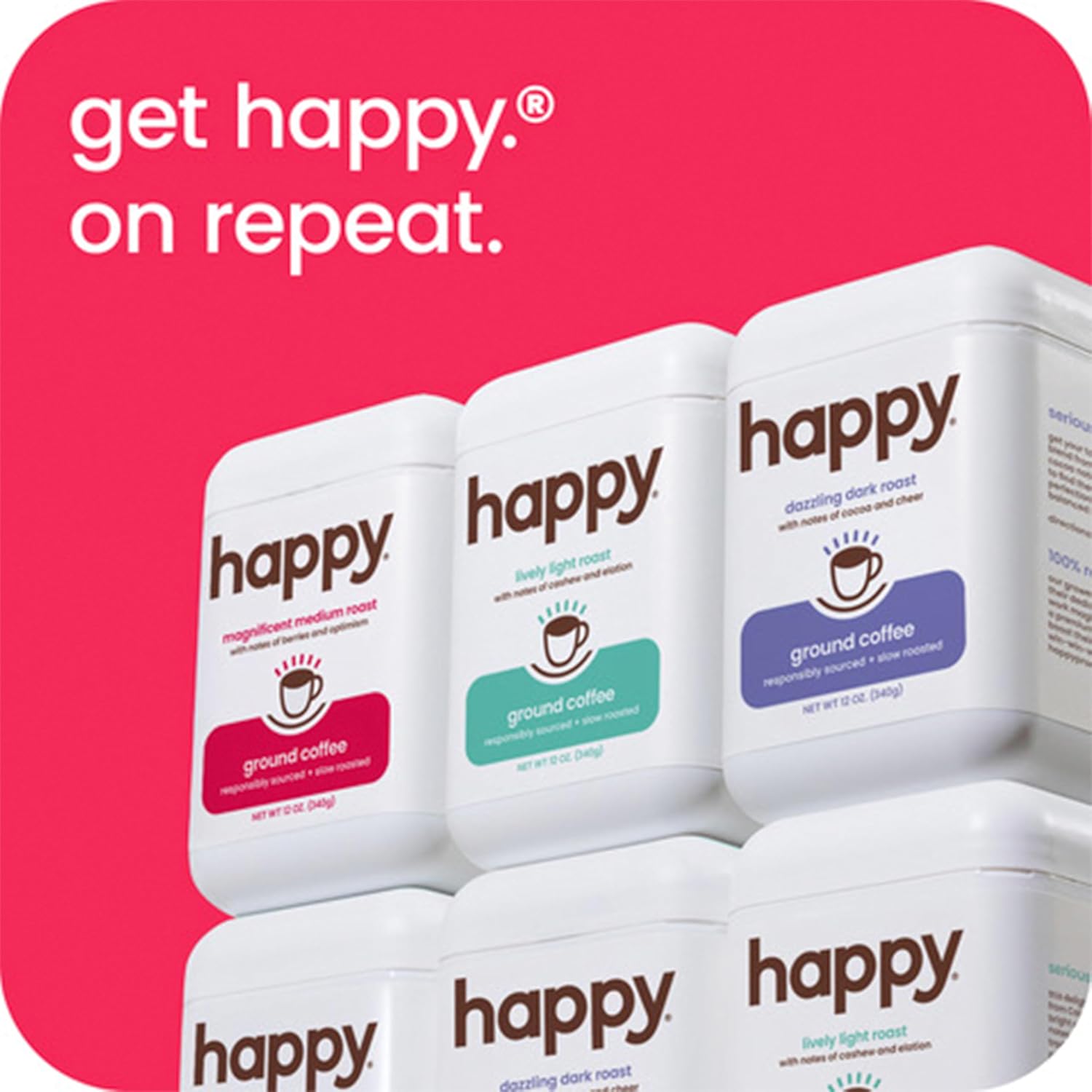 happy coffee medium roast ground coffee, 12 oz., notes of berries & optimism, recyclable container, grown & harvested in Brazil & Colombia, raíz sustainability verified
