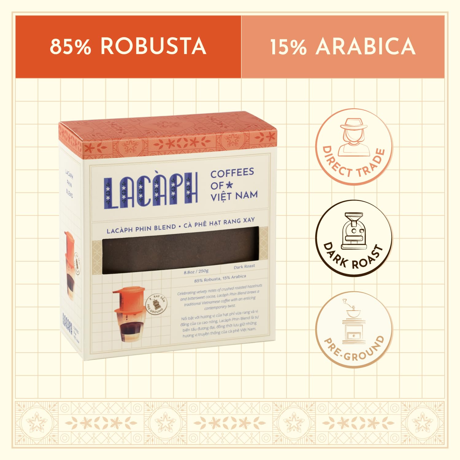 LACÀPH PHIN BLEND - Vietnamese Coffee with 85% Robusta 15% Arabica - Ground Coffee