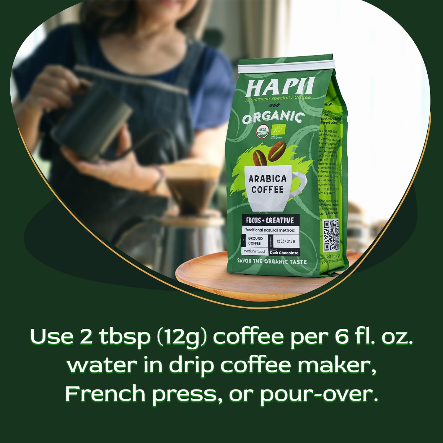 Hapii Organic Coffee Ground, 100% Arabica Vietnamese Coffee, Medium Roast, Hand-Picked, Rich Flavors - 12 Oz
