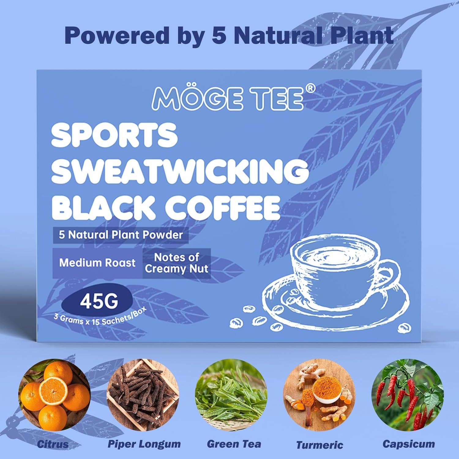 MOGE TEE 5 in 1 Sports Black Coffee, Cold Brew Arabica Coffee Bean Powder, Medium Roast Instant Ground Coffee, 15 Packets