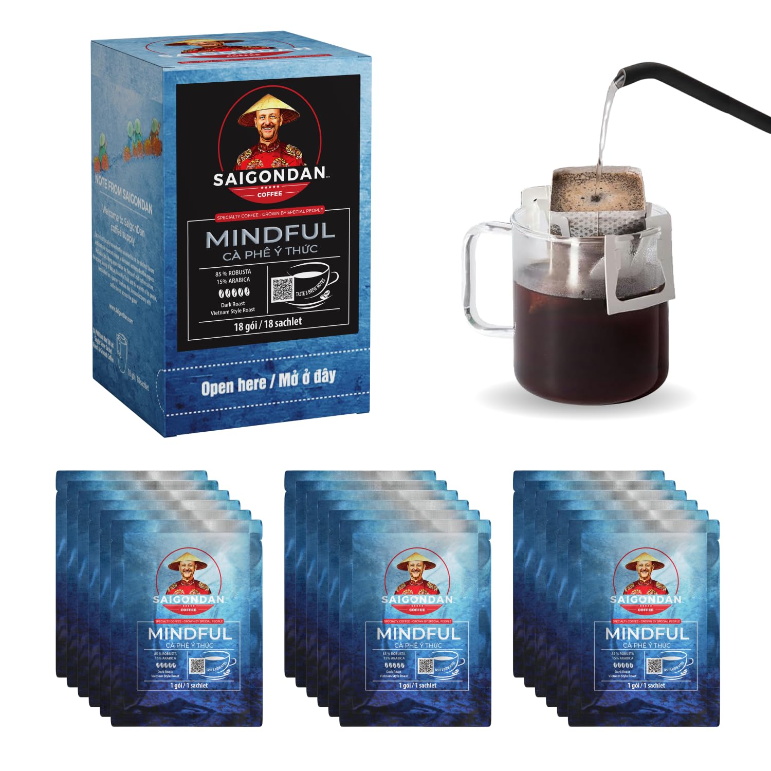 Saigondan Drip Instant Coffee - Mindful | Dark Roast | Robusta & Arabica Blend | Vietnamese Single Origin | Small Batch Roasted | Direct Trade | No Preservatives | 18 Sachets