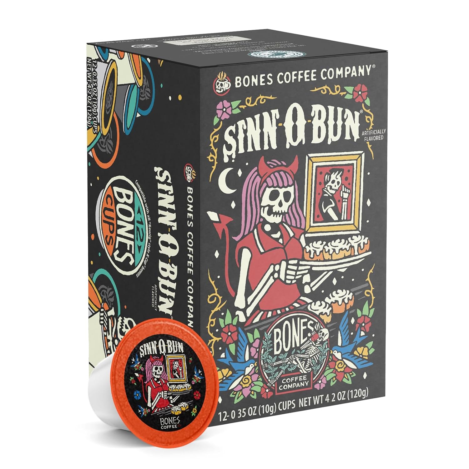 Bones Coffee Company Sinn 'O' Bun Ground Coffee Beans 12 oz and Bones Cups Sinn 'O' Bun 12 ct Bundle