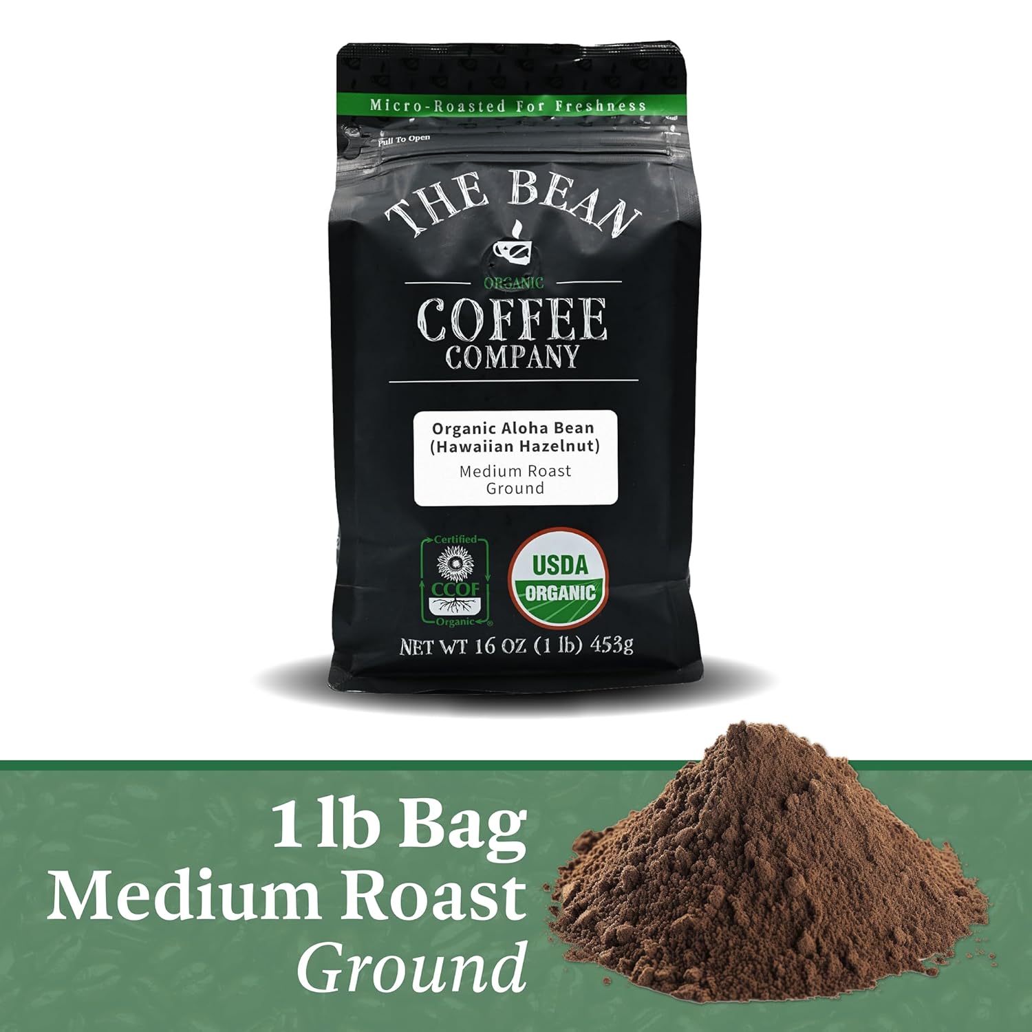 The Bean Organic Coffee Company Aloha Bean (Hawaiian Hazelnut) and Vanilla Bean, Medium Roast, Ground Coffee, 16-Ounce Bag,Café molido tostado organico