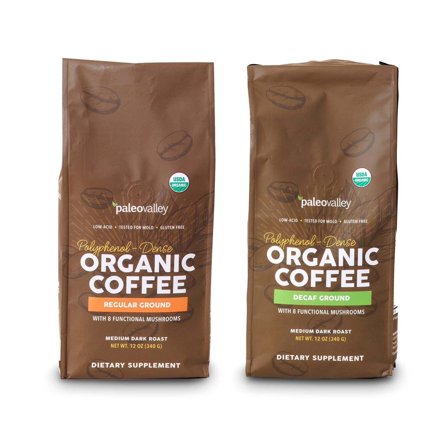 Paleovalley Organic Coffee Bundle – Regular + Decaf Ground Coffee – 2-Pack – Single-Origin, Low Acid, Mushroom Infused – Clean, Functional Daily Brew