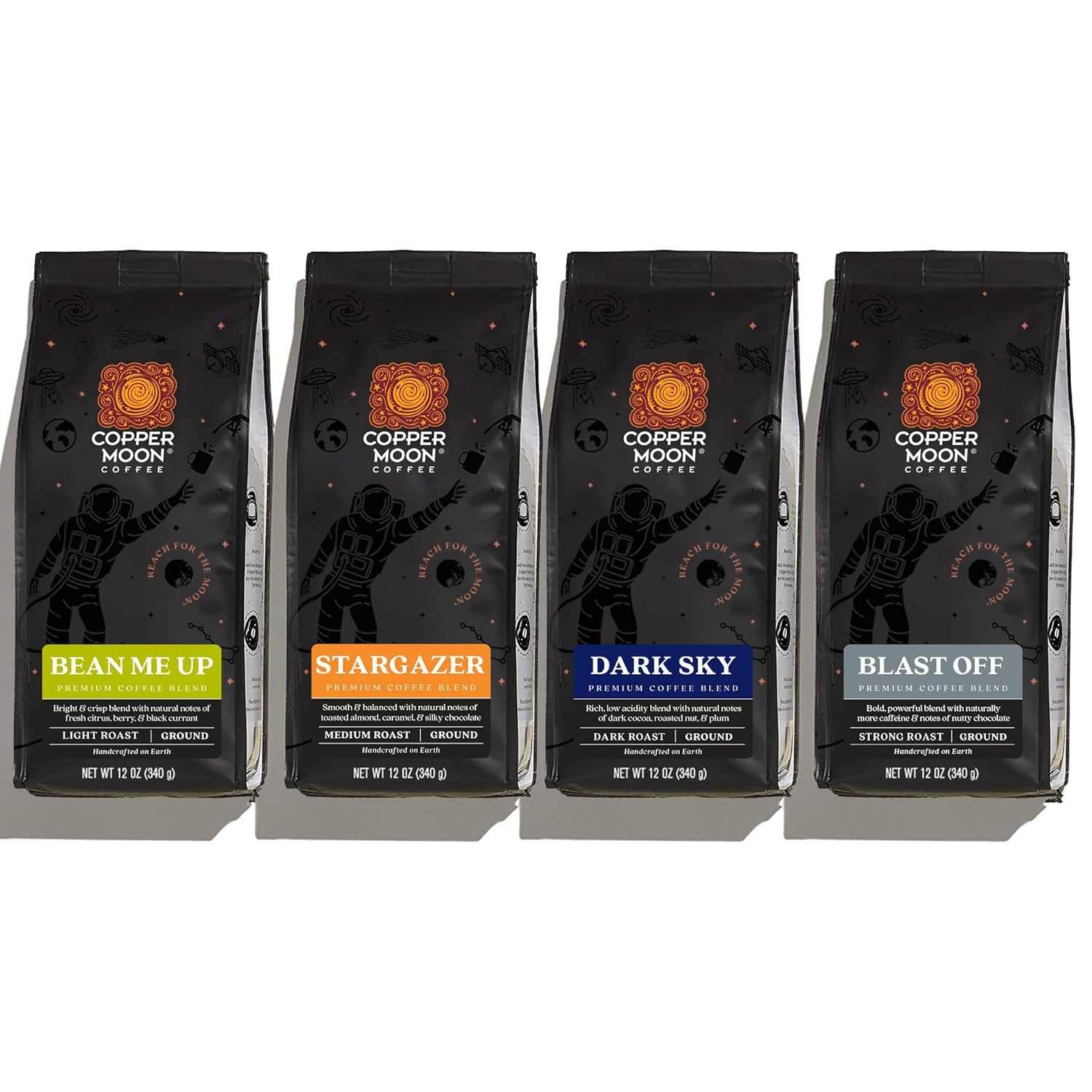 Copper Moon Ground Coffee, Light, Medium & Dark Roast, Out of This World Variety Pack, 12 Oz (Pack of 4)