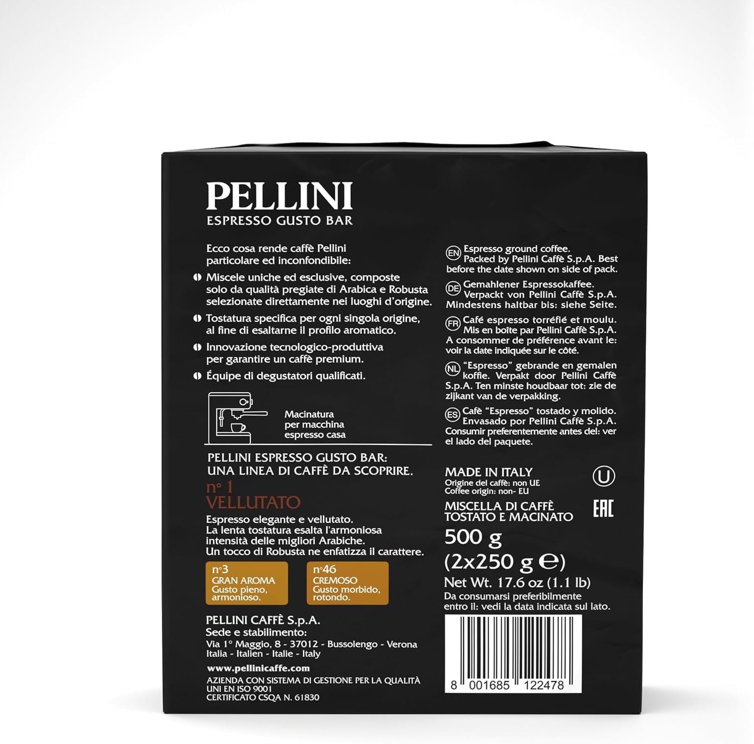 Pellini: "Vellutato (Mellow) Roasted Ground Coffee for Espresso Machine 17.6 Ounce (500gr) Packages (Pack of 2) [ Italian Import ]