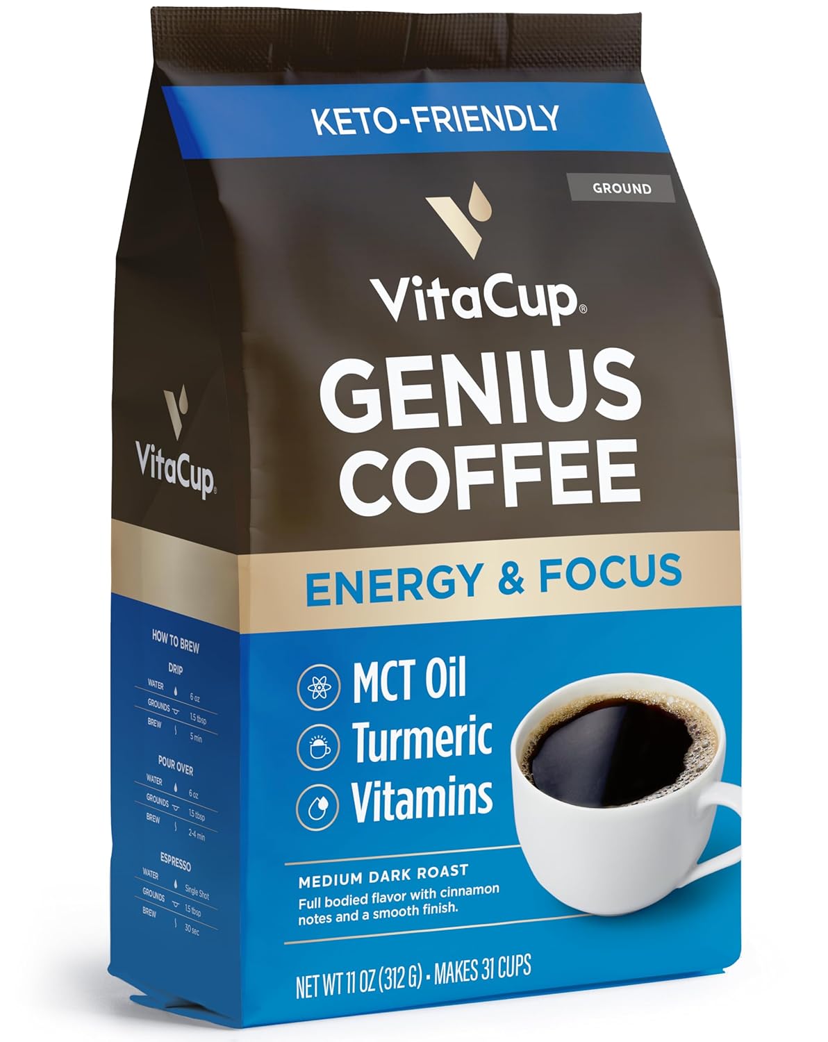 Vitacup Genius Ground Coffee & Keto + Collagen Vanilla Coffee Creamer Bundle for Keto Diet, Energy & Focus, 11 oz Ground Coffee Bag & 10 oz Creamer Powder Bag