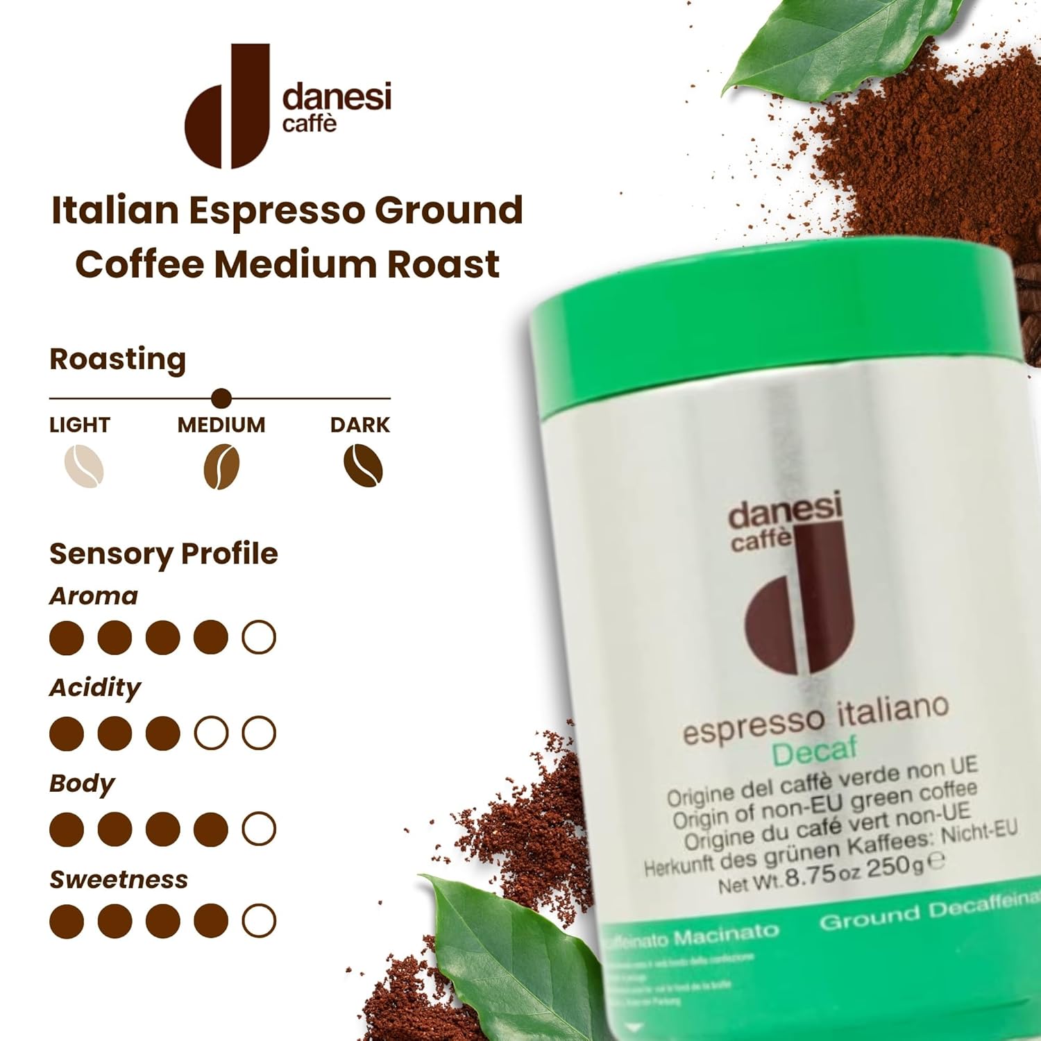 Danesi Caffe Italian Ground Coffee - Fine Medium Roast Espresso Coffee Grounds for Moka Pot, French Press, and Drip Brew - Decaf (8.75 oz, 2 Pack)