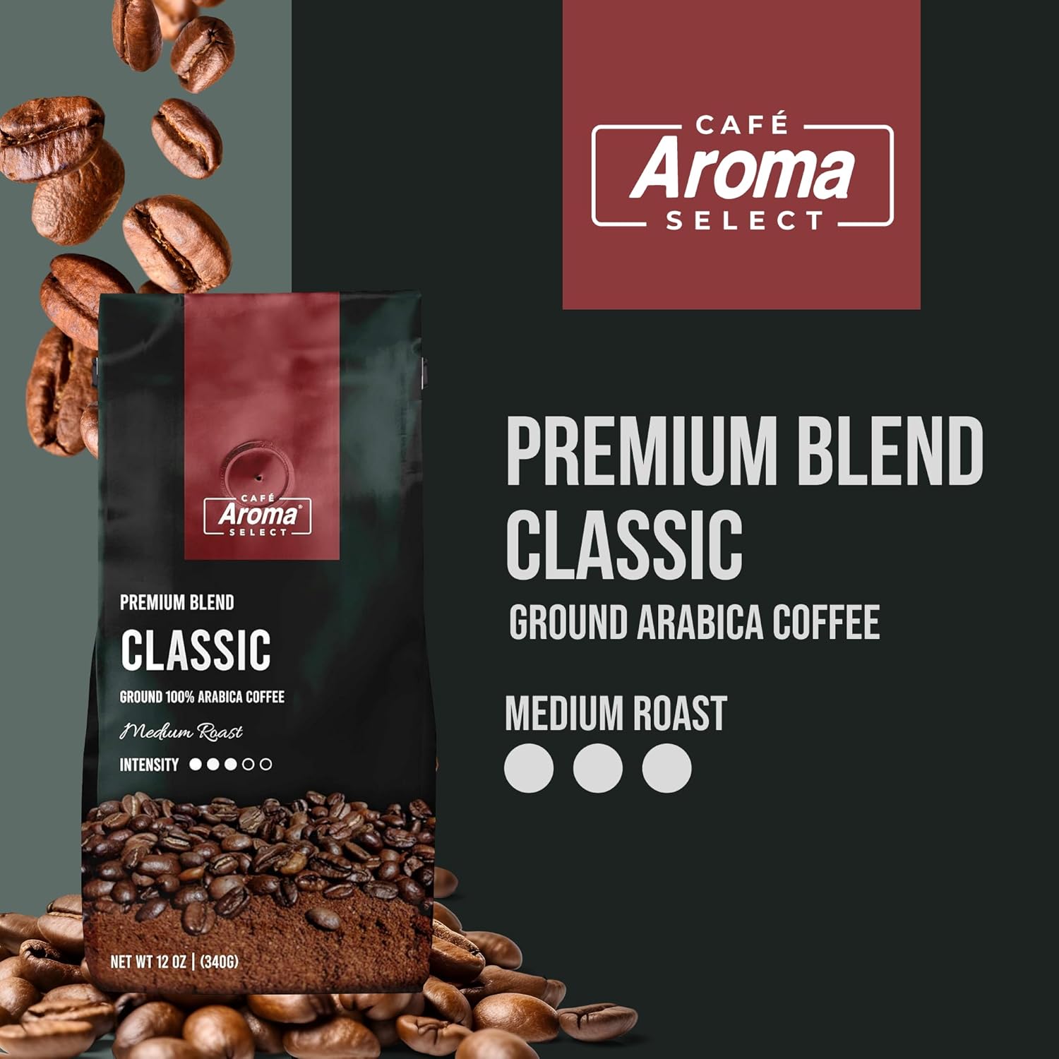 Aroma Select Classic Blend, Ground Arabica Coffee, Medium Roast, Latte-Ready & Brew-Flexible, Enjoy Hot Or Iced, 12 Ounce (2 Pack)