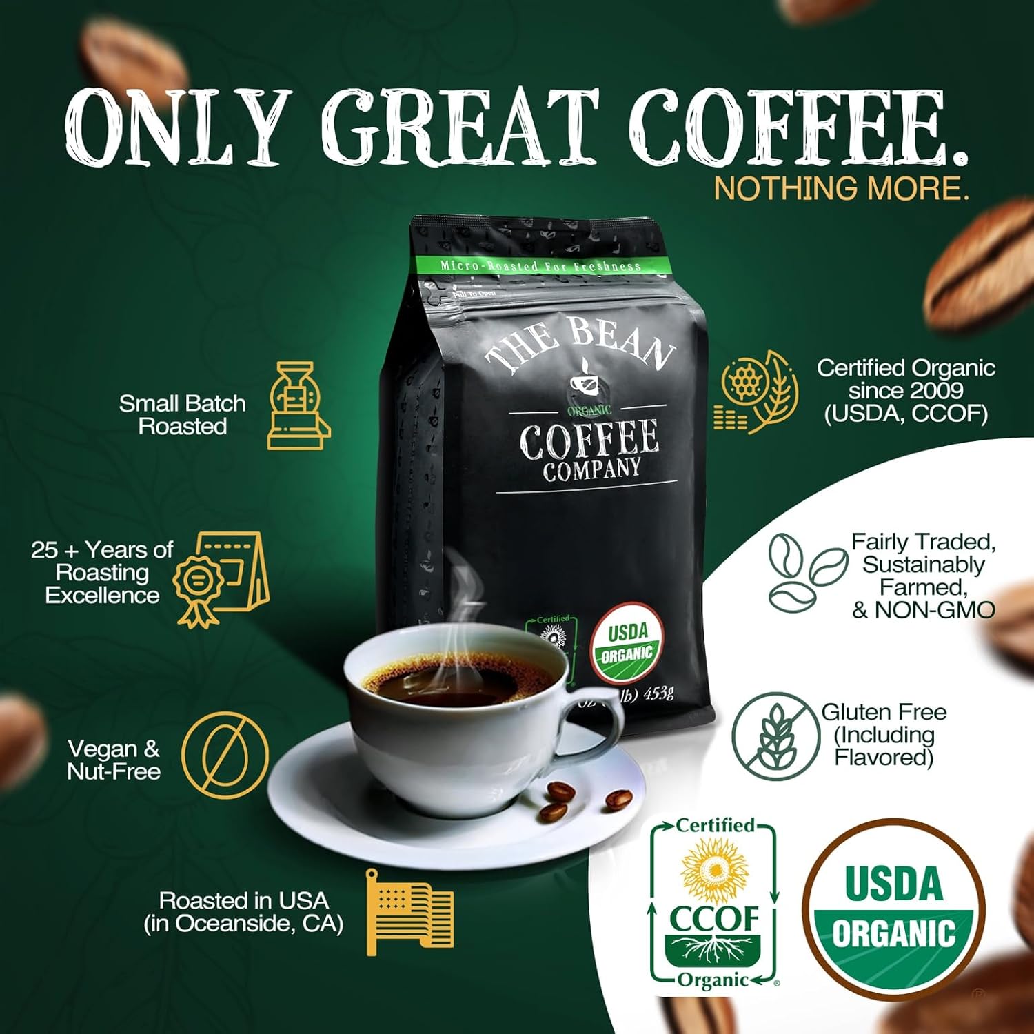 The Bean Organic Coffee Company Aloha Bean (Hawaiian Hazelnut), Medium Roast, Ground Coffee, 16-Ounce Bag,Café molido tostado organico