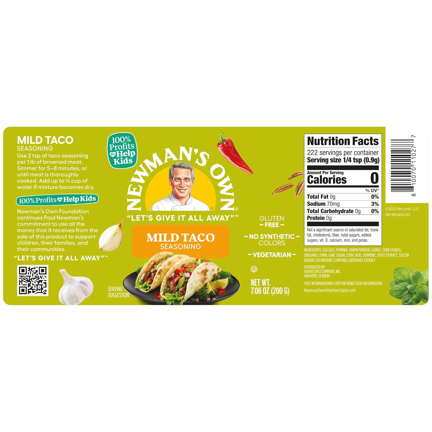Newman's Own Mild Taco Seasoning; Great Zesty Flavor; Not Only Great on Tacos, Perfect Spices for Cooking Fajitas,Pork Belly, and Topping French Fries; No MSG, Gluten Free; Kosher; 7.06 Oz. Bottle