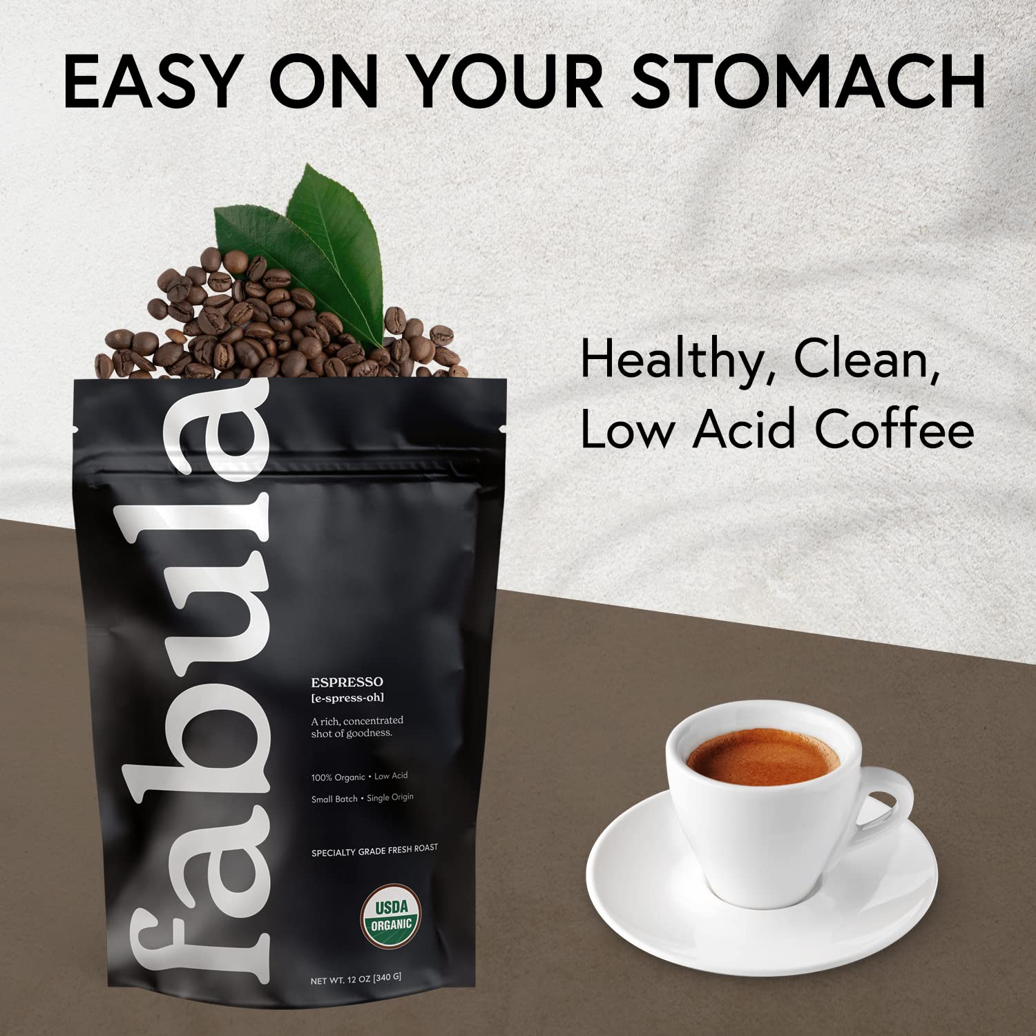 Fabula Low Acid Coffee Beans Whole, Organic Espresso Coffee - Non-GMO - No Molds - Mycotoxins Pesticides Free - Single Origin Coffee - 12 Oz