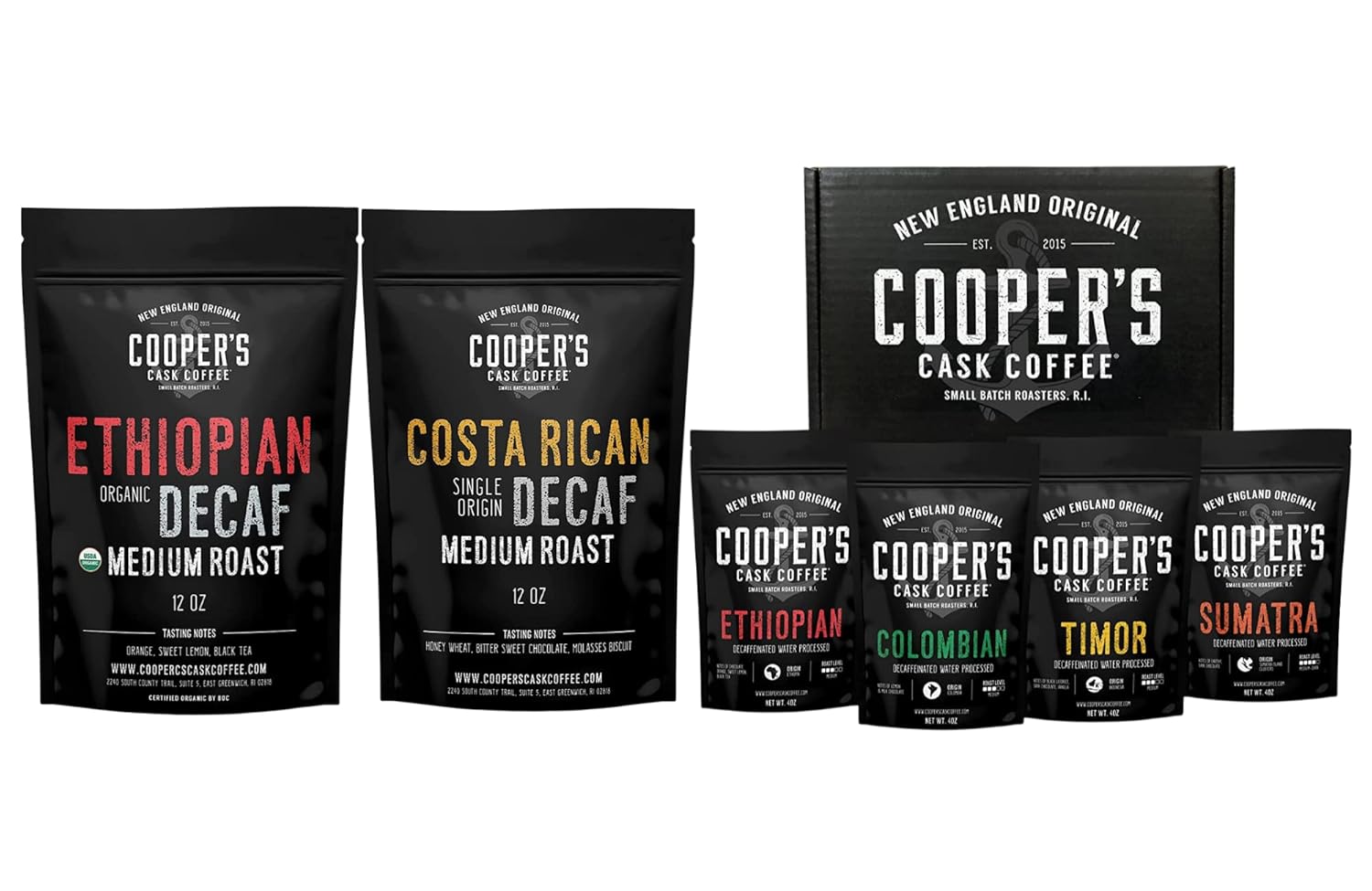 Decaffeinated Gourmet Coffee Sampler Gift Box Set - Whole Beans - 4-Pack - 4oz, Organic Ethiopian Decaf Swiss Water Processed SWP - Whole Bean Coffee - 12oz and Decaf Costa Rican Coffee Medium Roast