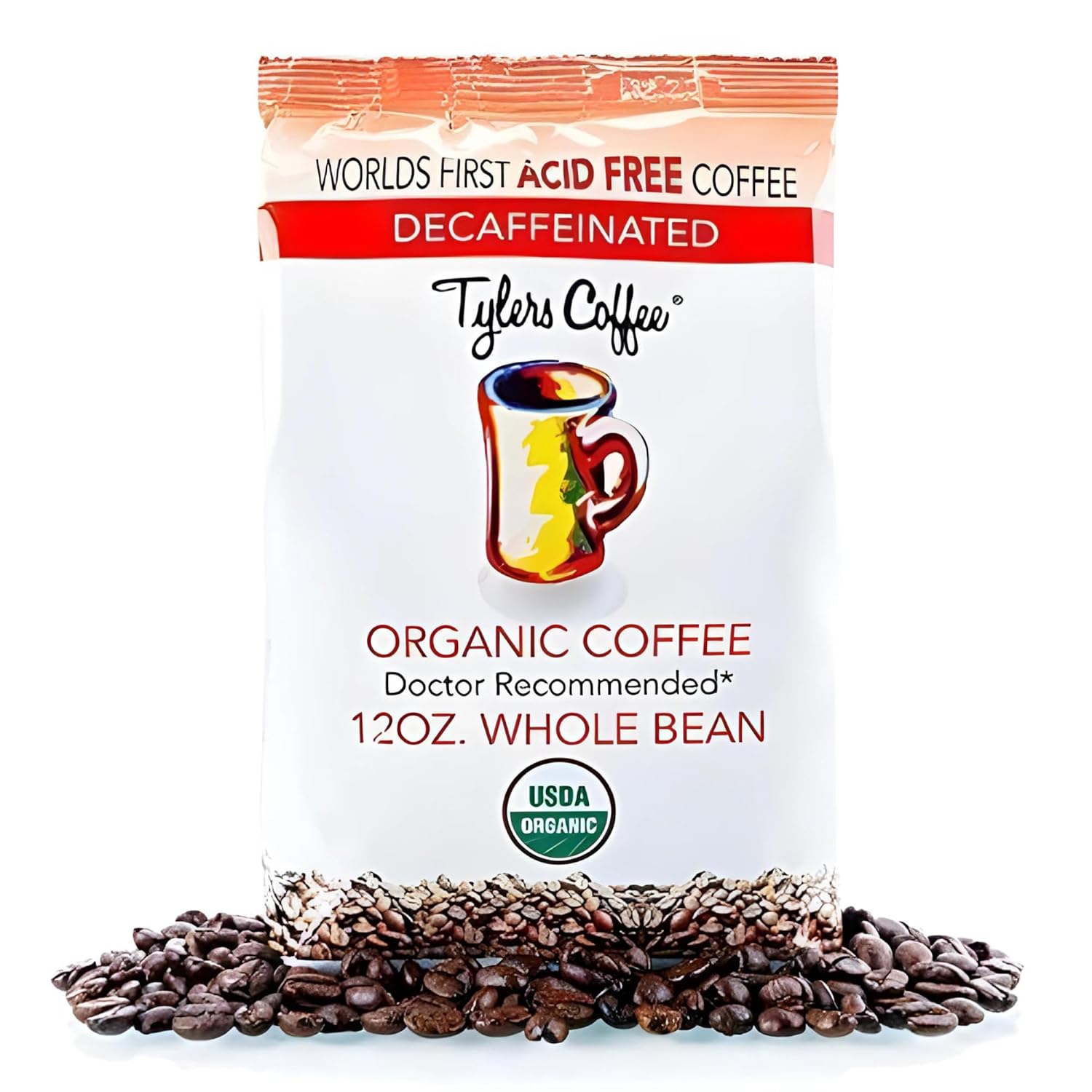 Tyler’s Acid Free Organic Whole Beans - 100% Arabica Full Flavor Decaf - For Acid Free Diets - Natural and Organic Blend for Common GI Issues-12 oz