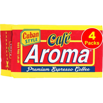 Café Aroma Dark Roast Espresso Ground Coffee, Authentic Cuban Style Coffee, Vacuum Sealed, Ground Espresso Beans, 8.8 oz (4-Pack)