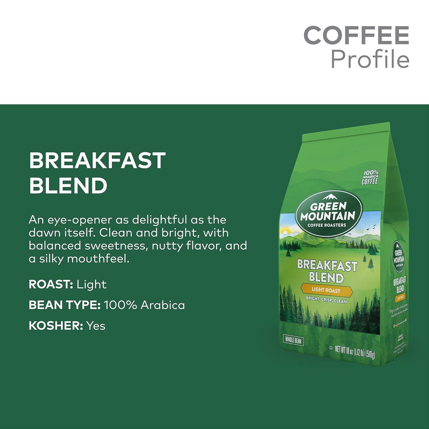 Green Mountain Coffee Roasters Breakfast Blend, Whole Bean Coffee, Light Roast, 18 Ounce (Pack of 2)