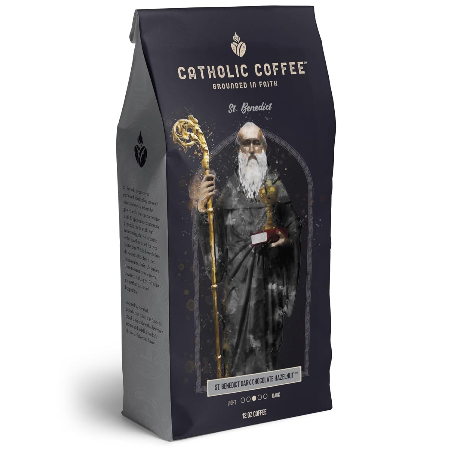 St. Benedict Chocolate Hazelnut Blend Medium Roast Catholic Coffee (Ground) 12 ounces - Small-Batch Crafted, For Catholic Faithful & Coffee Lovers