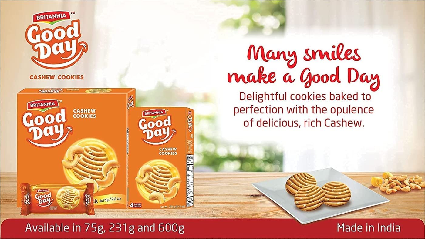 Britannia Good Day Cashew Cookies Family Pack 8.15oz (231g) - Breakfast & Tea Time Snacks - Delicious Grocery Cookies (Pack of 1)