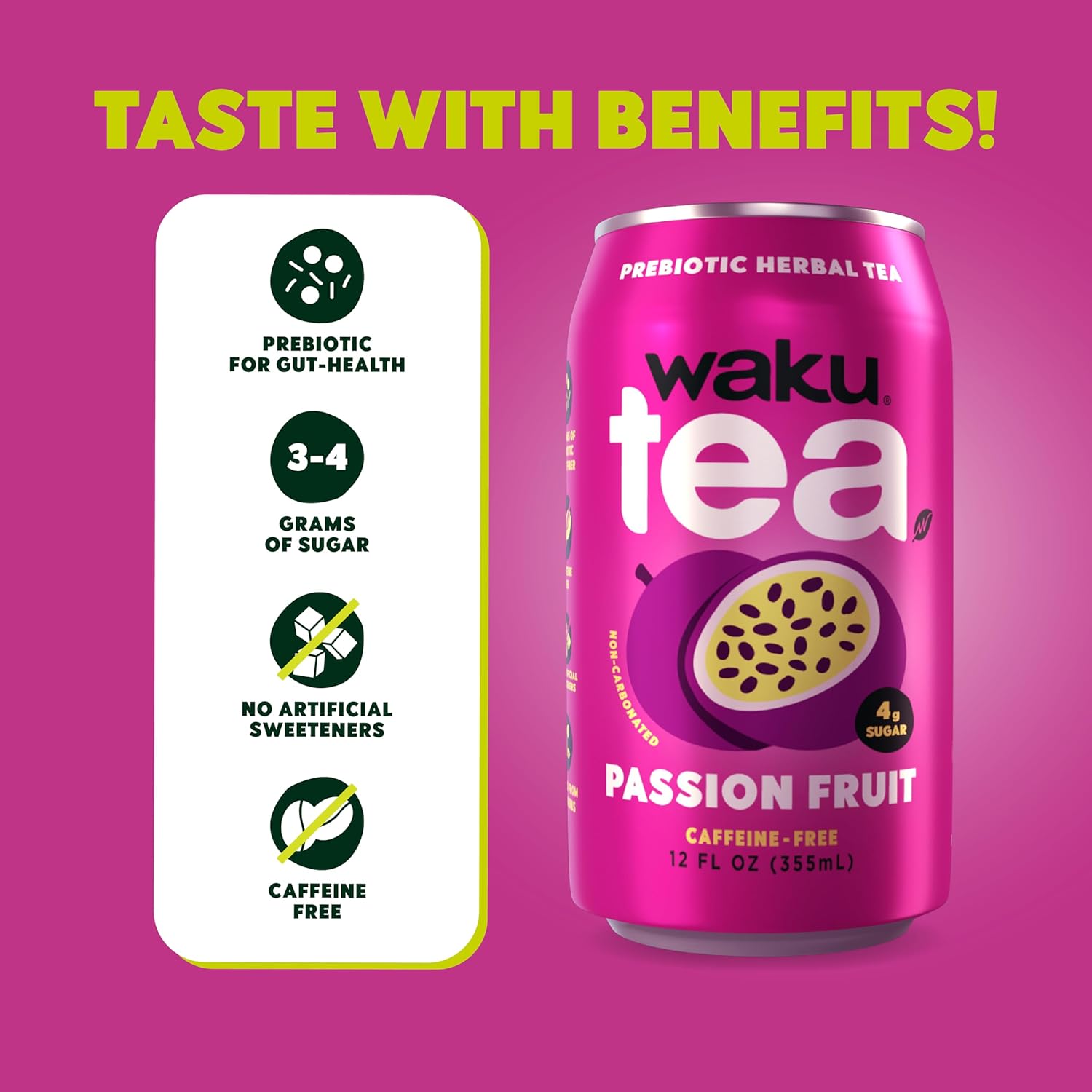 WAKU TEA, Prebiotic Herbal Tea, Passion Fruit, Supports Digestive & Gut Health, Keto Friendly, Zero Added Sugar, 5g Fiber, Caffeine Free, Natural Sweetner, 12 pack, 12oz Cans