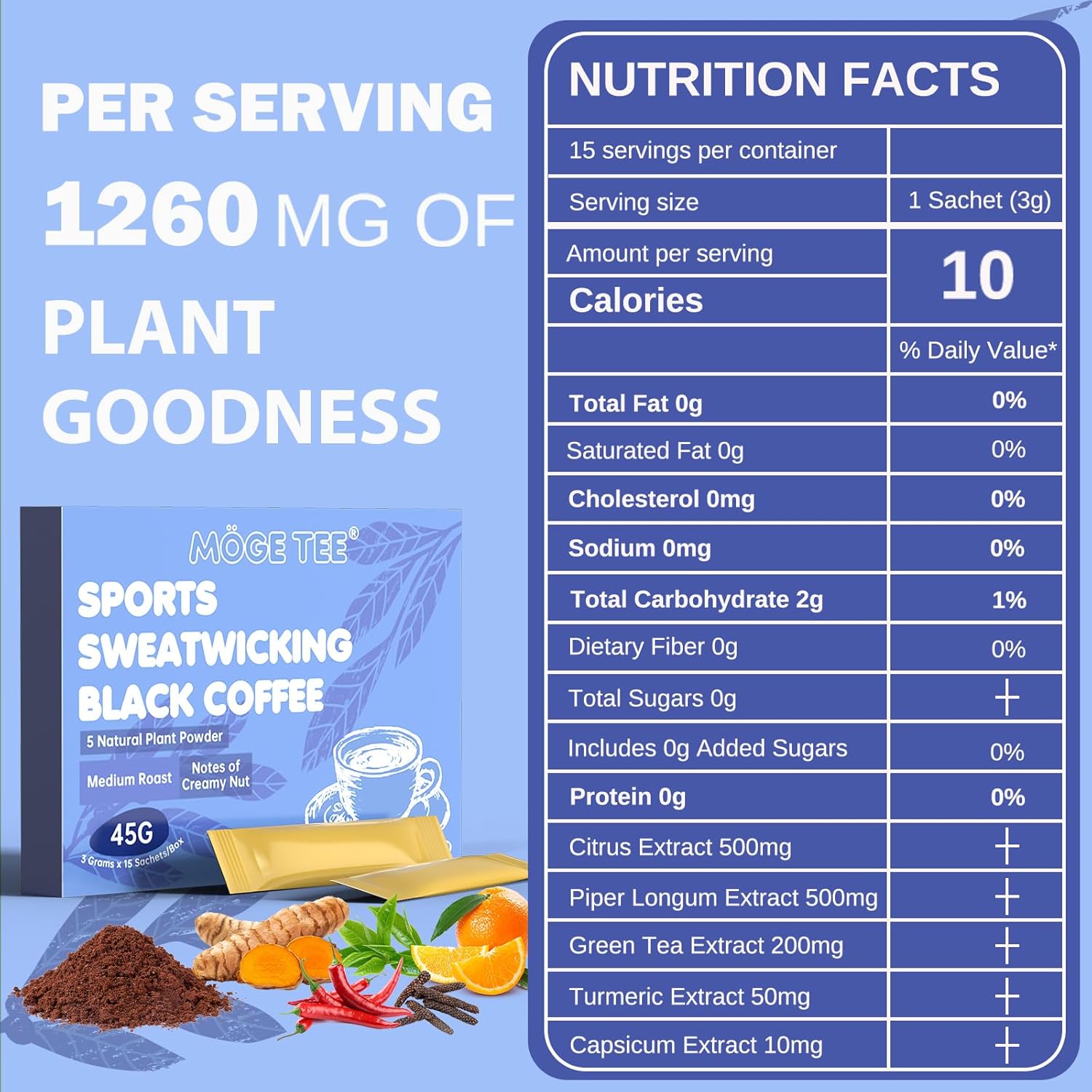 MOGE TEE 5 in 1 Sports Black Coffee, Cold Brew Arabica Coffee Bean Powder, Medium Roast Instant Ground Coffee, 15 Packets