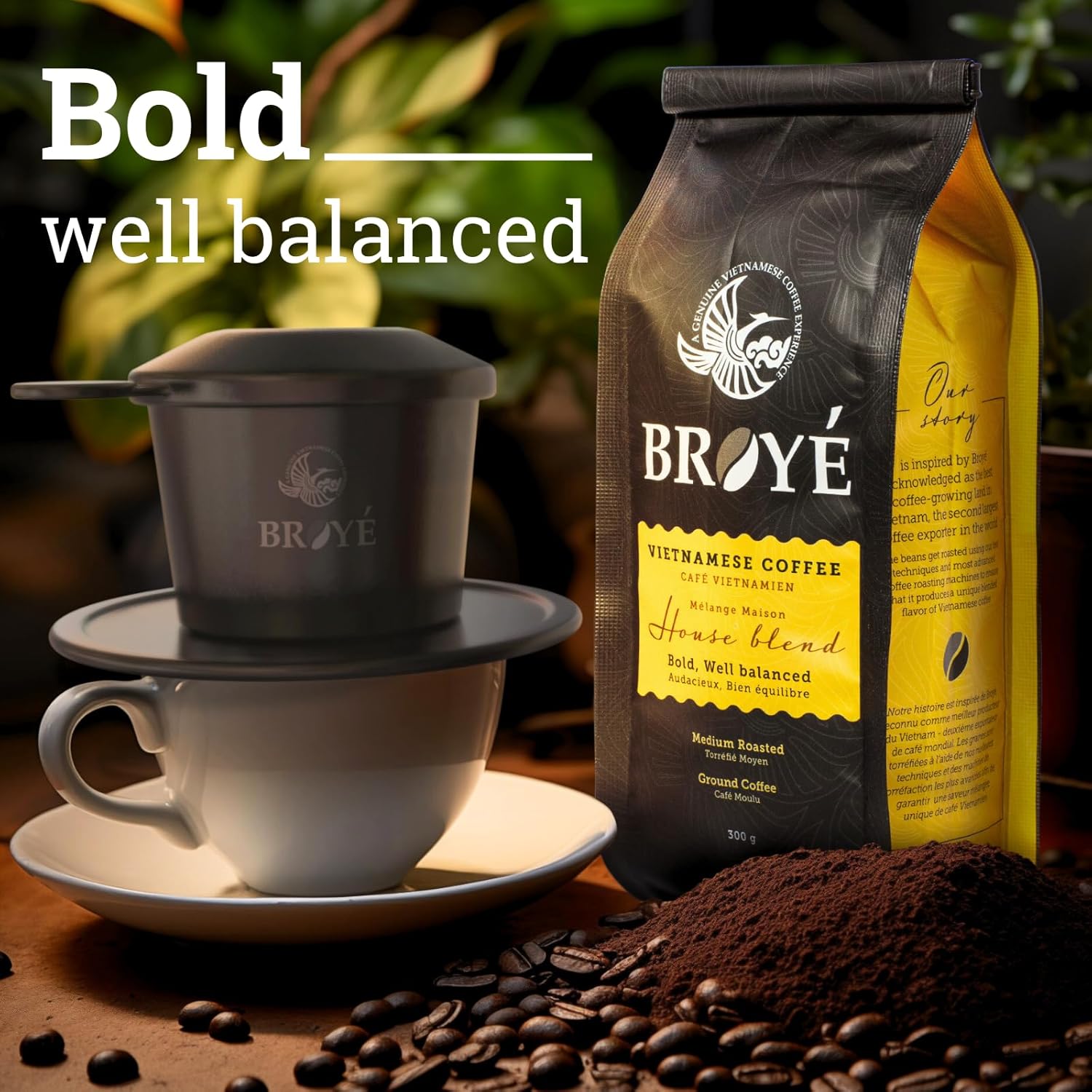 Broyé Medium Roasted Ground Coffee, Vietnamese coffee ground, ground coffee medium roast of Arabica and Robusta Coffee, Vietnamese Ground Coffee for Cold Brew and Espresso, Strong Flavor (10.5 Oz Bag)