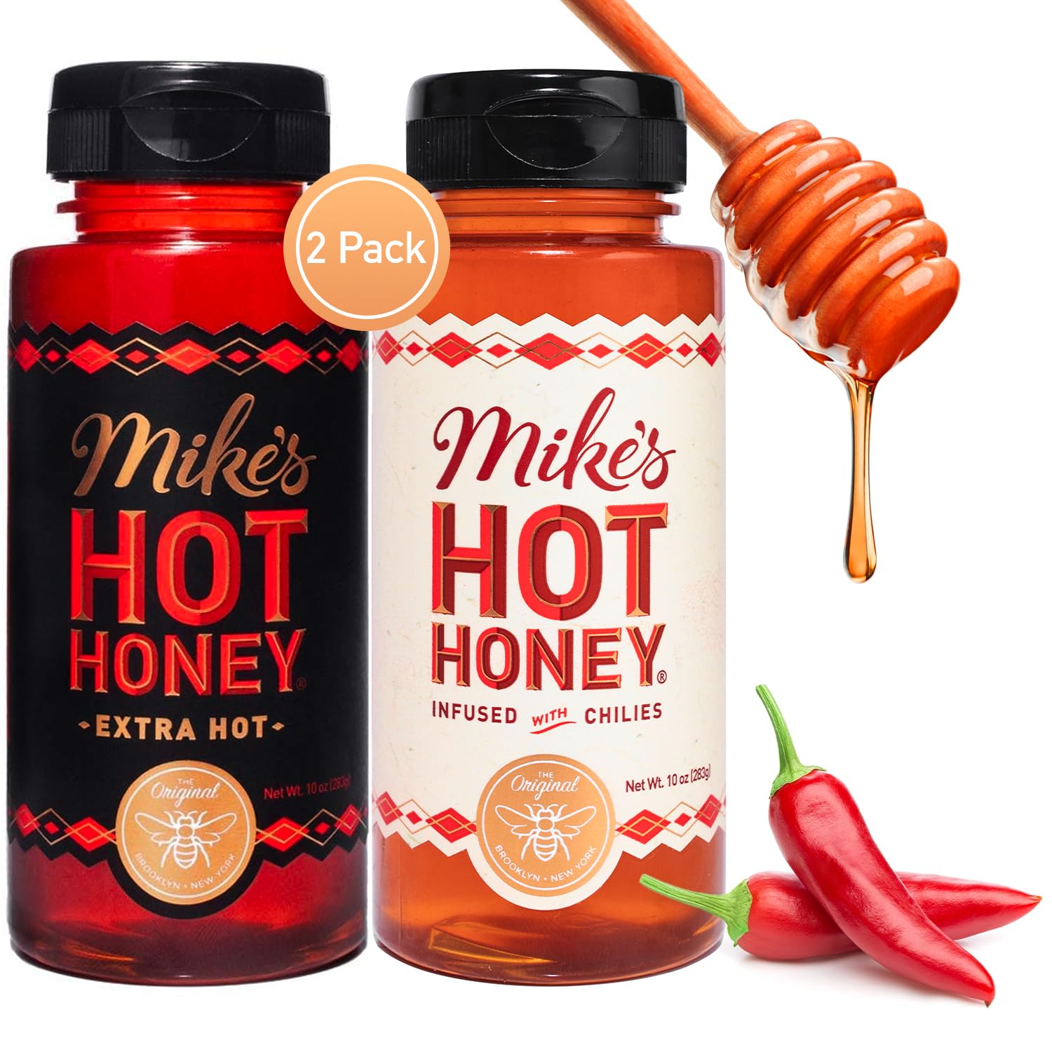 Mike's Hot Honey, Original & Extra Hot, America's #1 Brand of Hot Honey, Spicy Honey Infused with Chili Peppers, Gluten-Free, Paleo-Friendly, Sweet Heat, Perfect for Hot Sauce Lovers (10oz Bottle, 2 Pack)