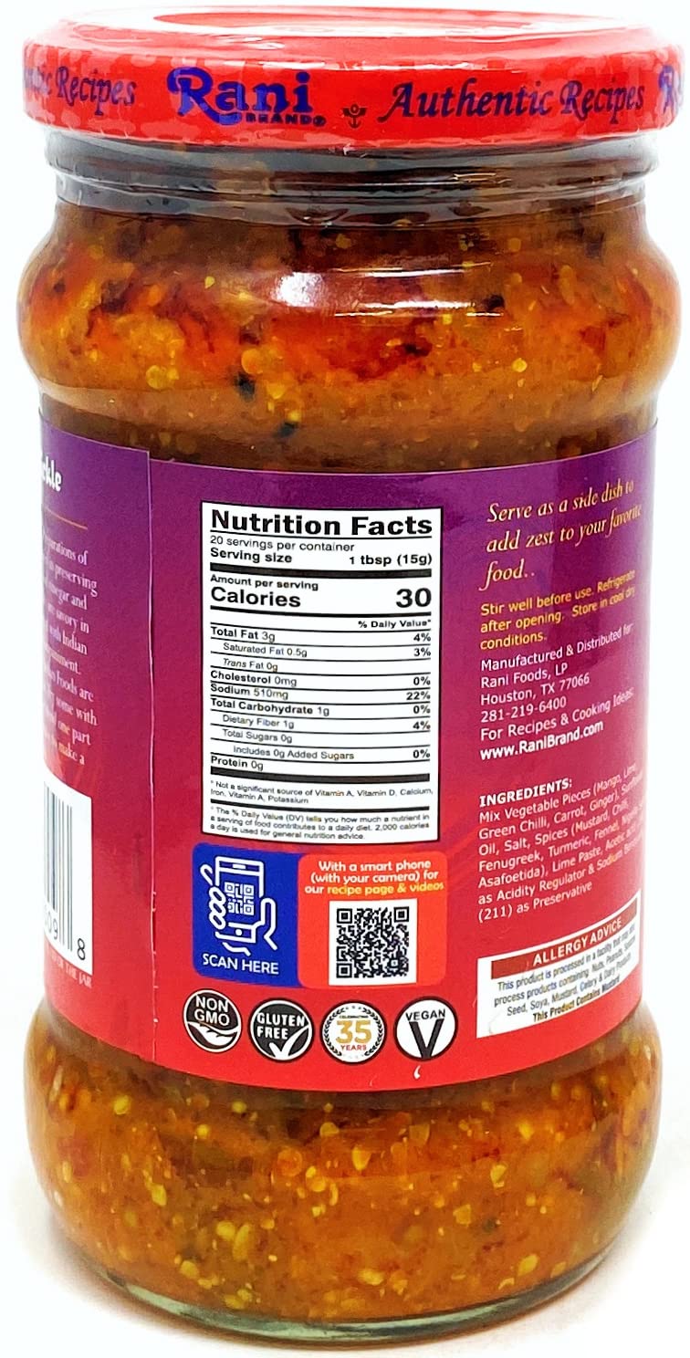 Rani Mixed Vegetable Pickle (Achar, Spicy Indian Relish) 10.5oz (300g) Glass Jar ~ Vegan | Gluten Free | NON-GMO | No Colors | Popular Indian Condiment, Indian Origin