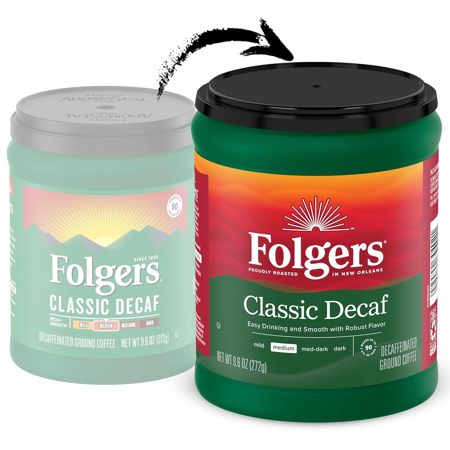 Folgers Decaf Coffee, Ground Coffee, Classic Medium Roast, 9.6 Ounce Canister