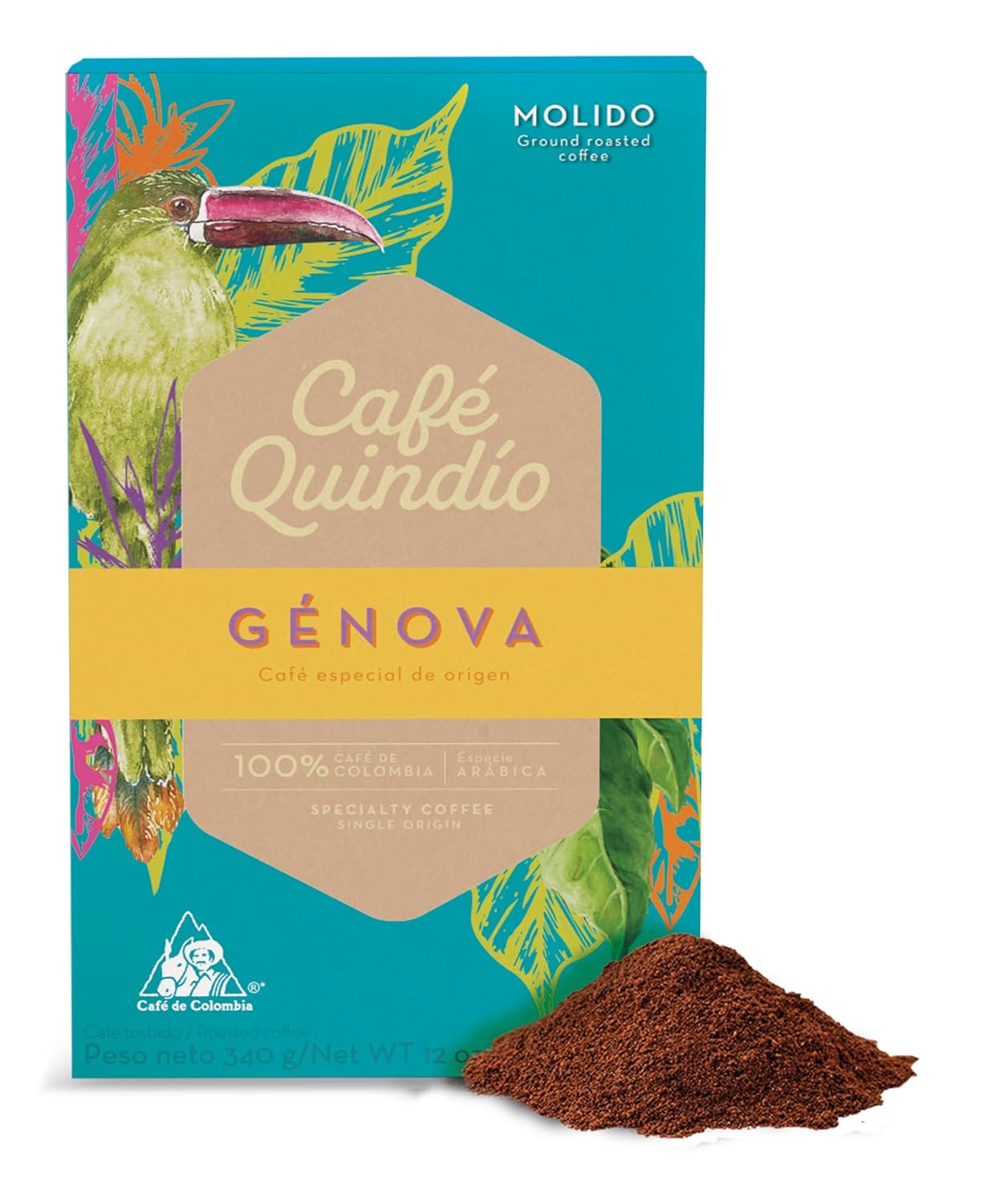 Cafe Quindio Genova Single Origin - Medium Roast 100% Colombian Excelso Ground Arabica Coffee - 12 Ounce Bag (340g)