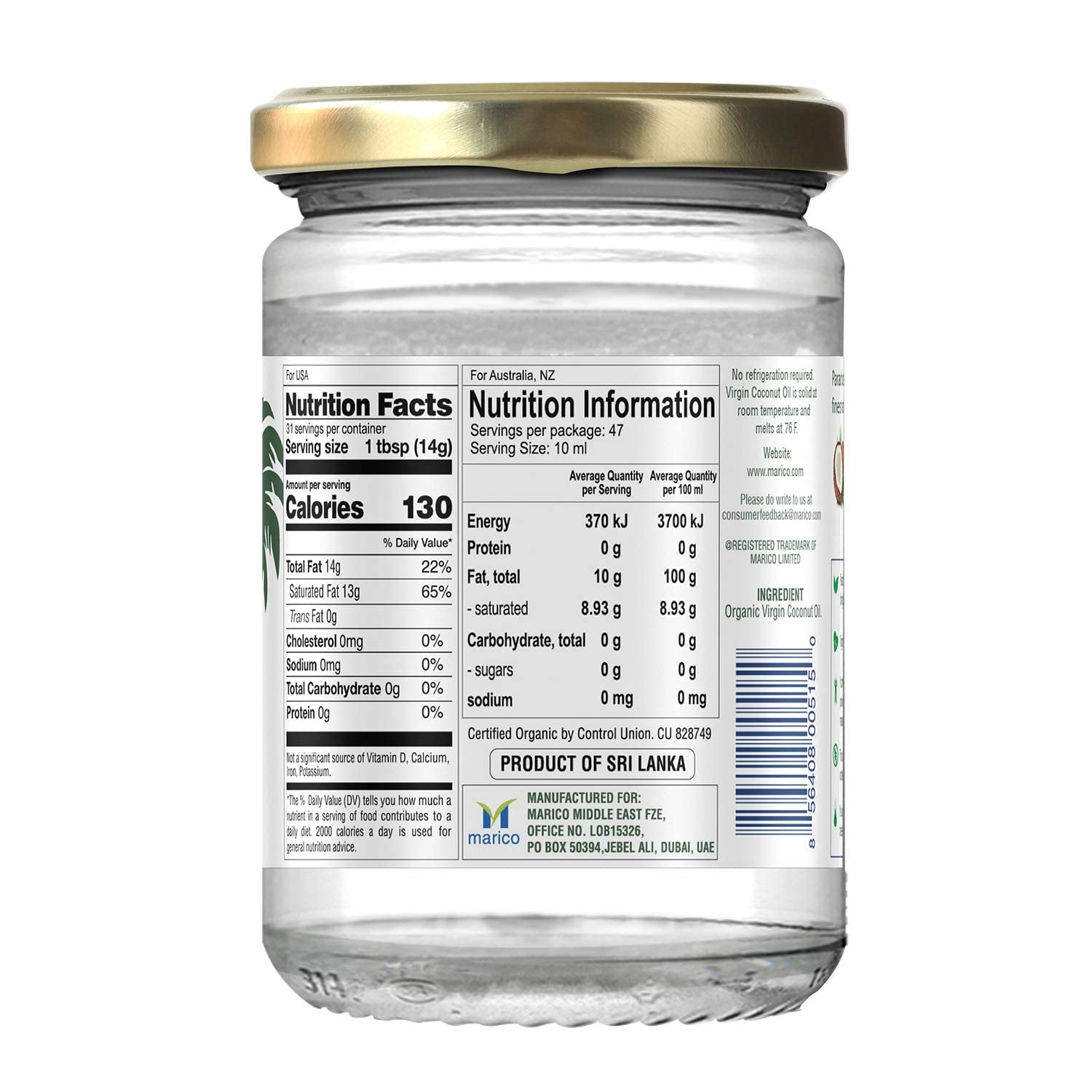 Parachute Naturalz Virgin Coconut Oil | 100% Organic Cooking Oil, Hair Oil and Body Oil | Cold Pressed | USDA Certified |16 Fl. Oz | Glass Jar